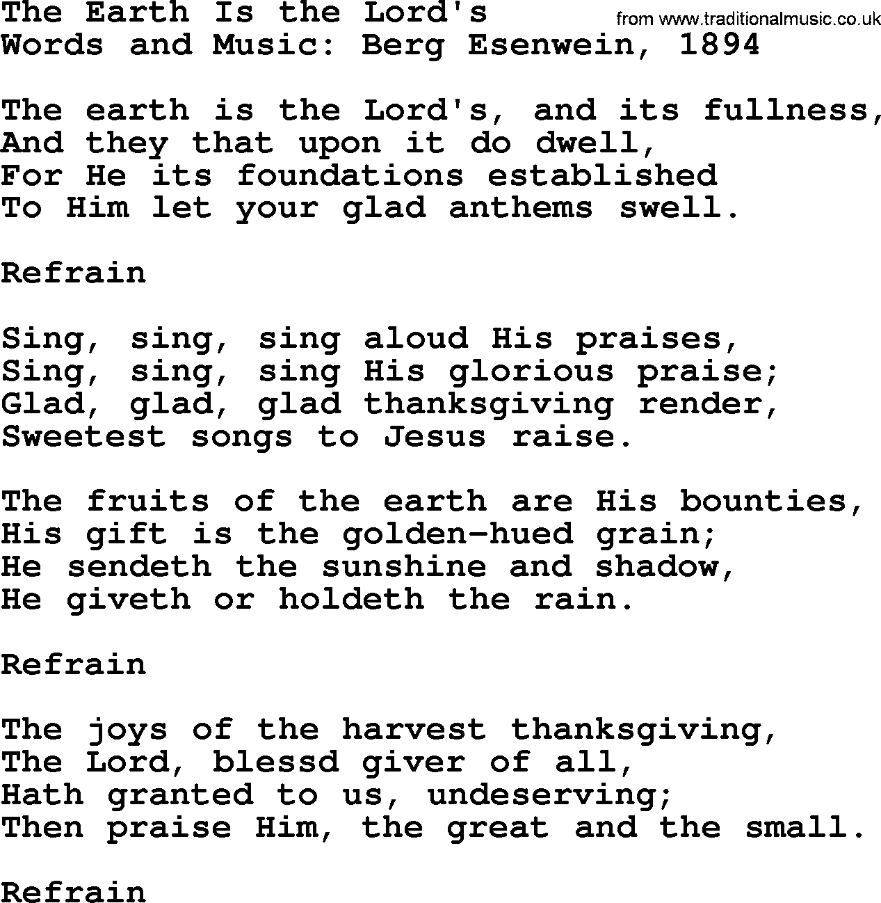 Thanksgiving Hymns and Songs: The Earth Is The Lord's lyrics with PDF