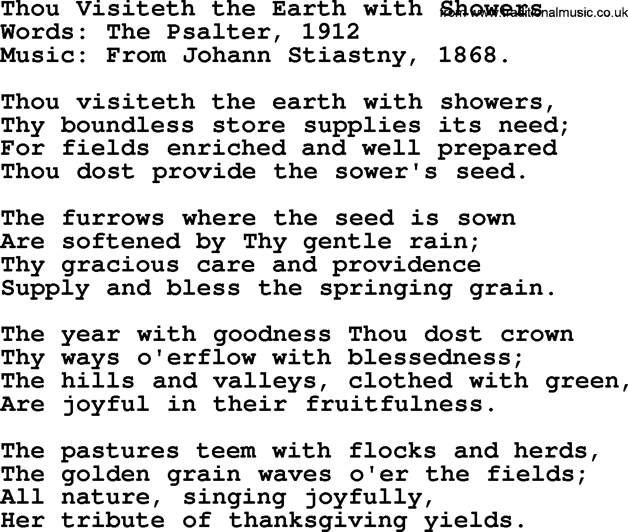 Thanksgiving Hymns and Songs: Thou Visiteth The Earth With Showers lyrics with PDF