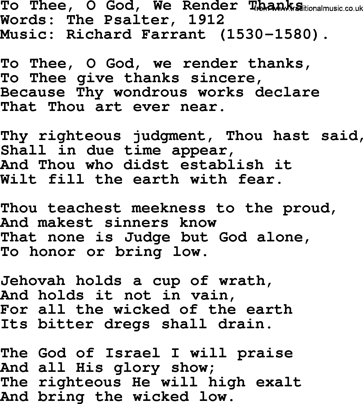 Thanksgiving Hymns and Songs: To Thee, O God, We Render Thanks lyrics with PDF