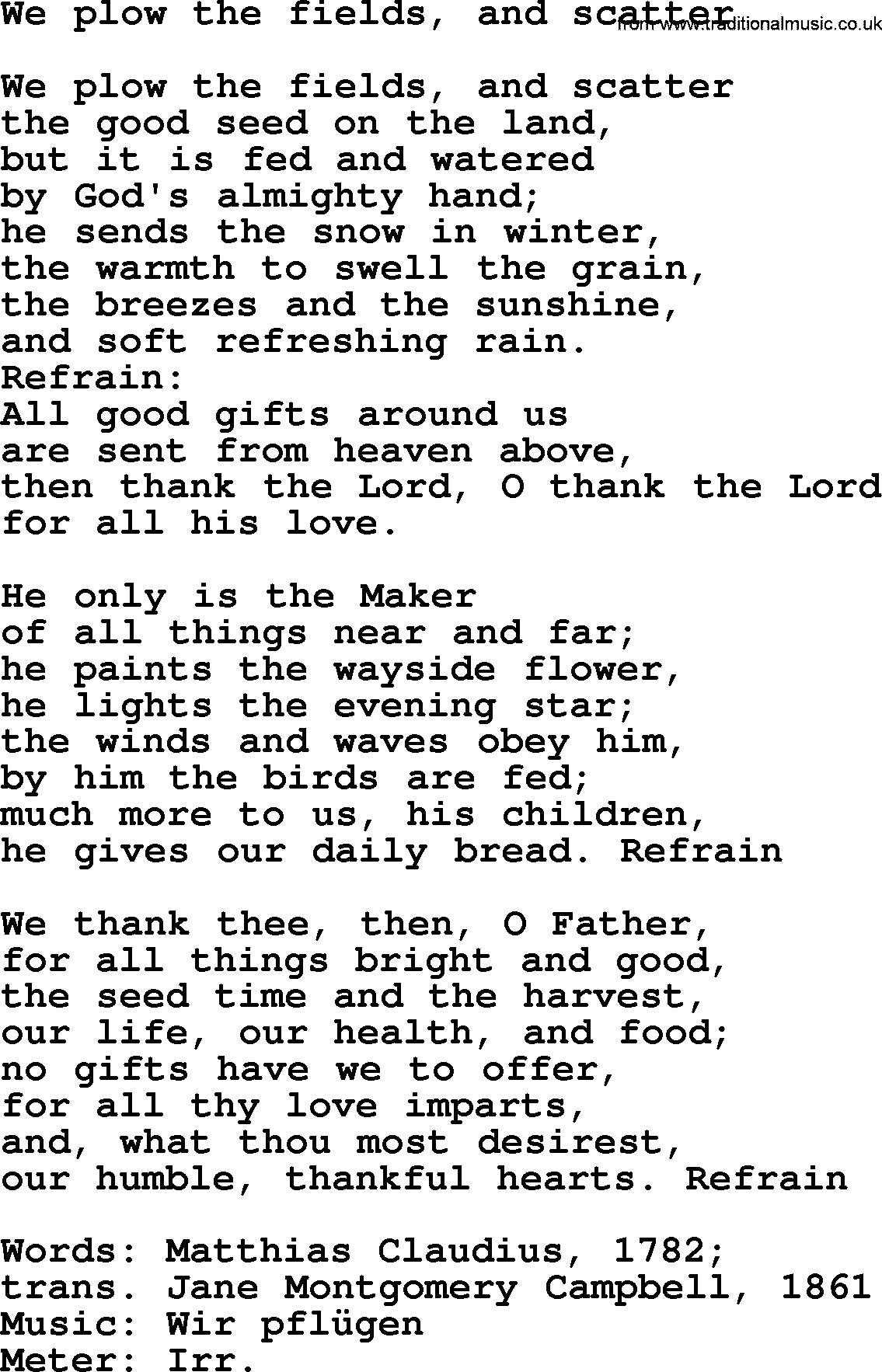 Thanksgiving Hymns and Songs: We Plow The Fields, And Scatter lyrics with PDF