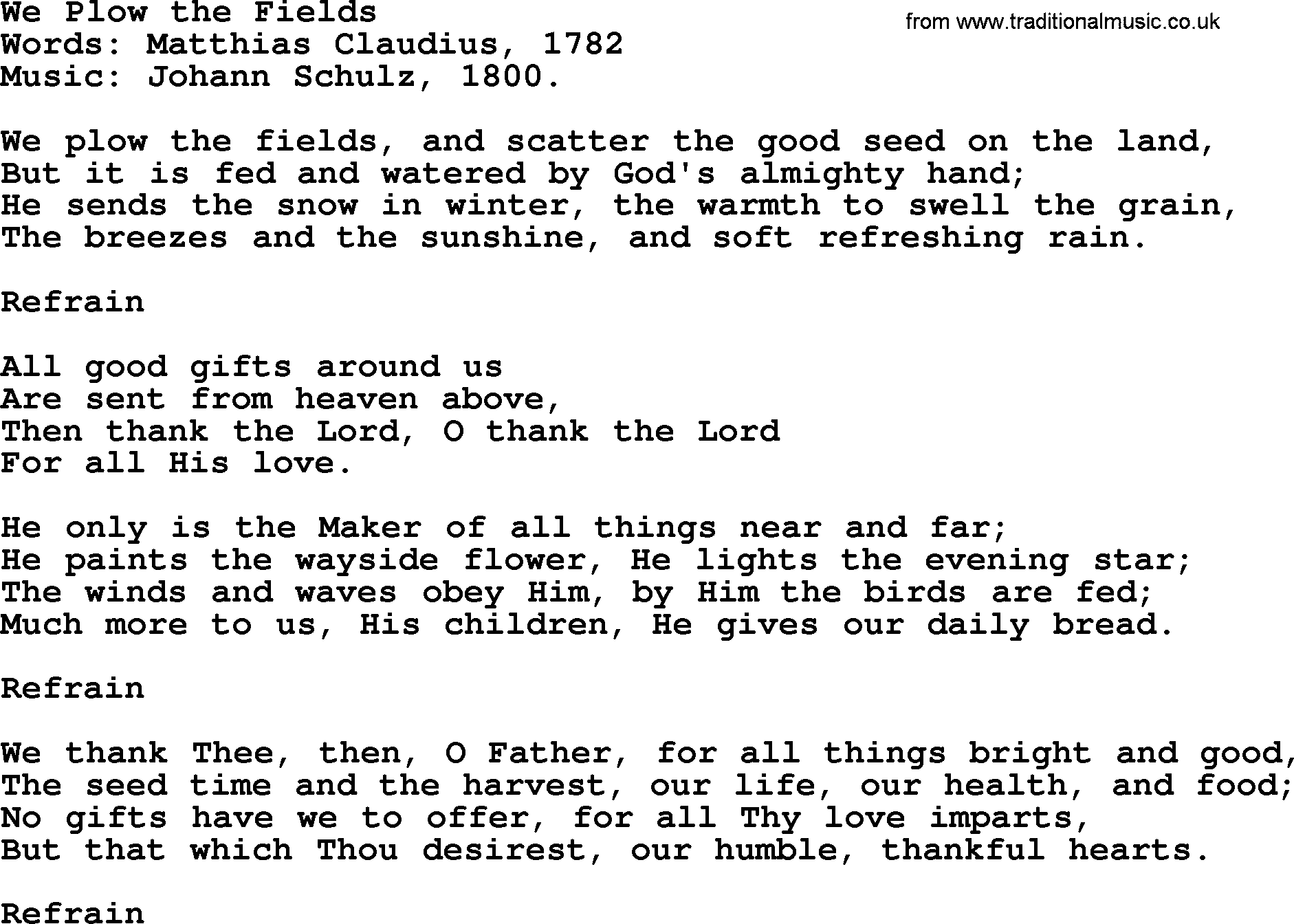 Thanksgiving Hymns and Songs: We Plow The Fields lyrics with PDF