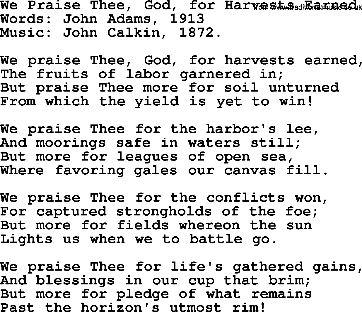 Thanksgiving Hymns and Songs: We Praise Thee, God, For Harvests Earned lyrics with PDF