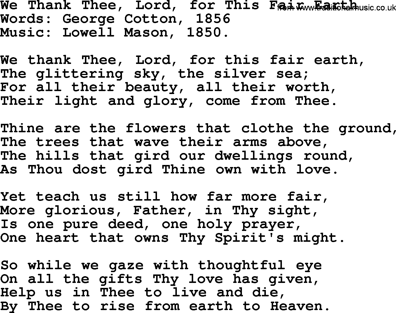 Thanksgiving Hymns and Songs: We Thank Thee, Lord, For This Fair Earth lyrics with PDF