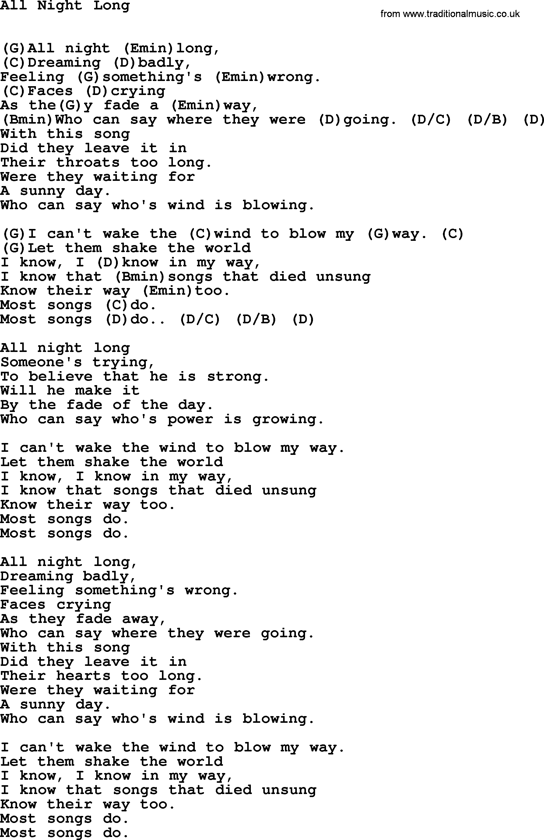 Tom Paxton song: All Night Long, lyrics and chords