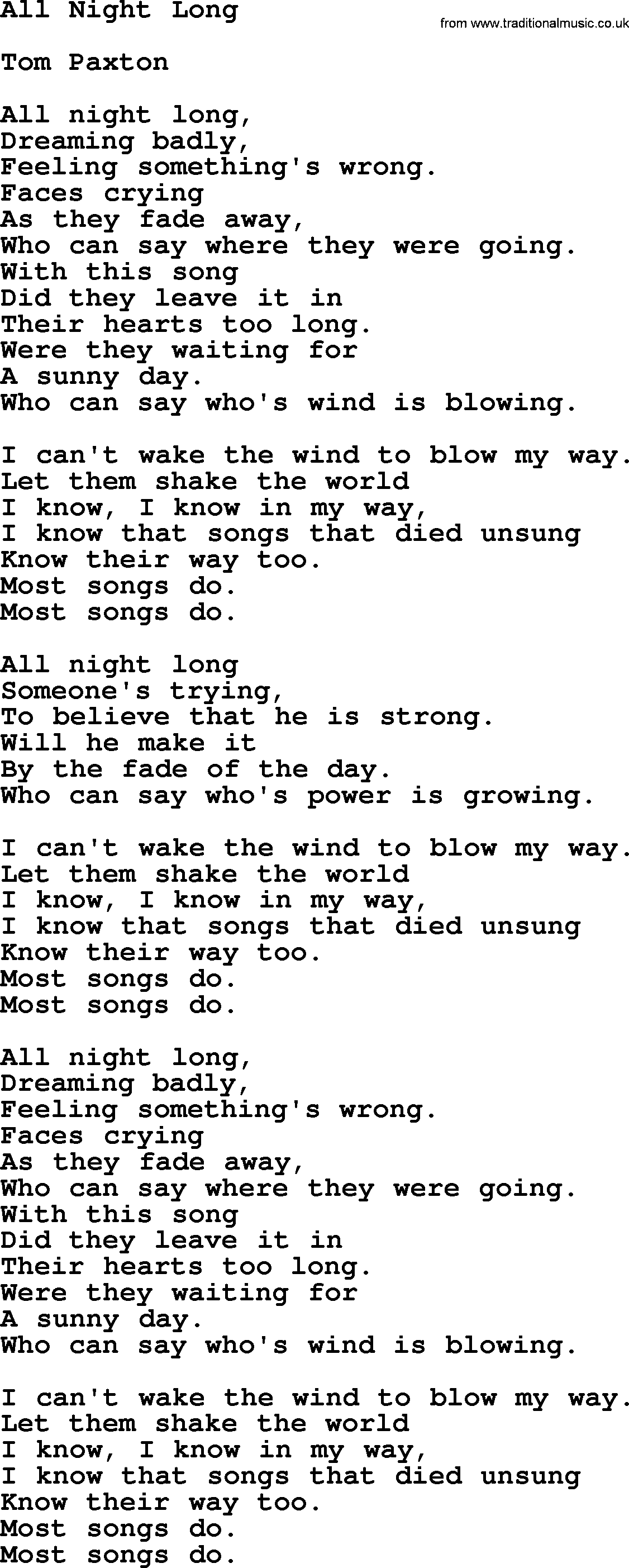 Tom Paxton song: All Night Long, lyrics