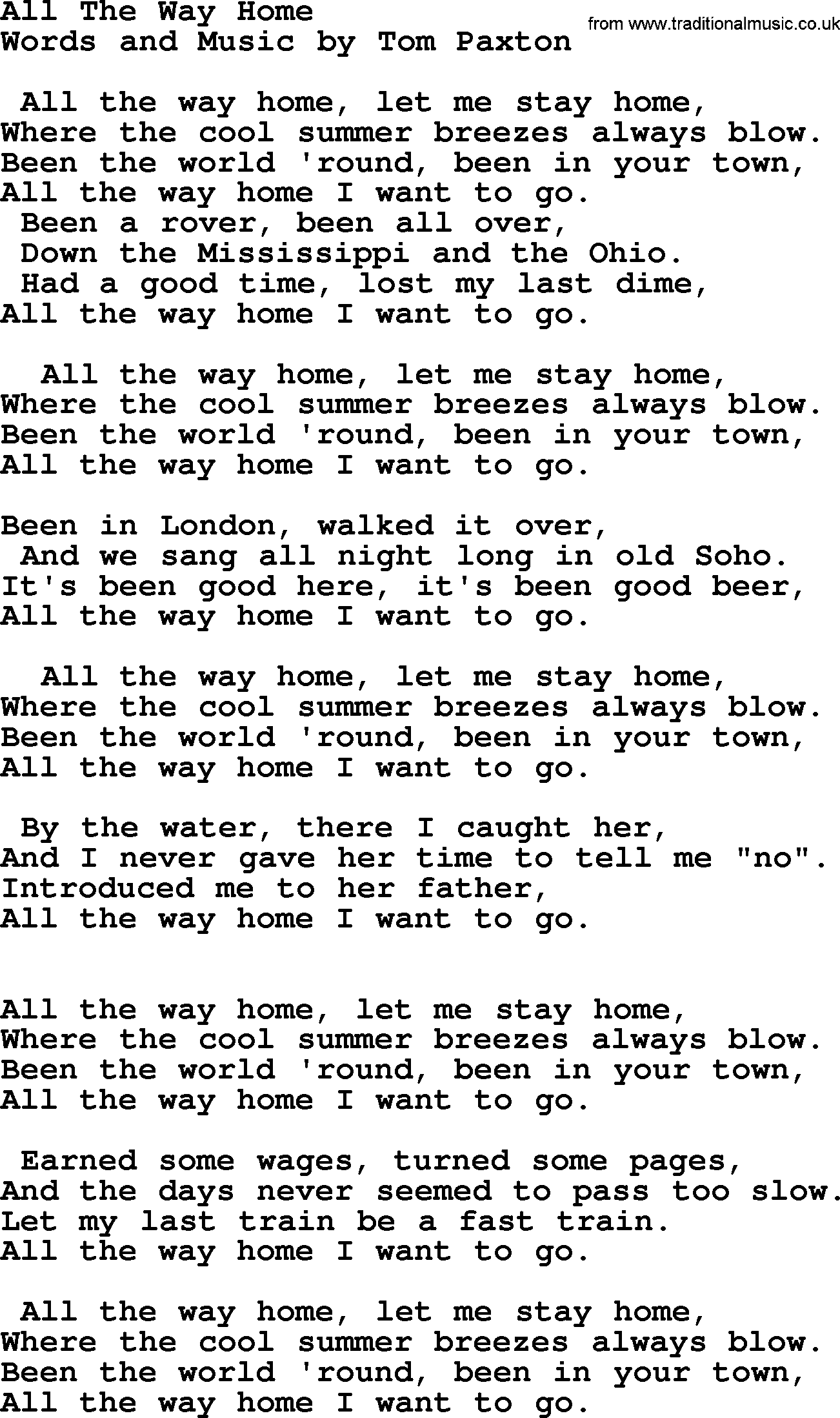 Tom Paxton song: All The Way Home, lyrics