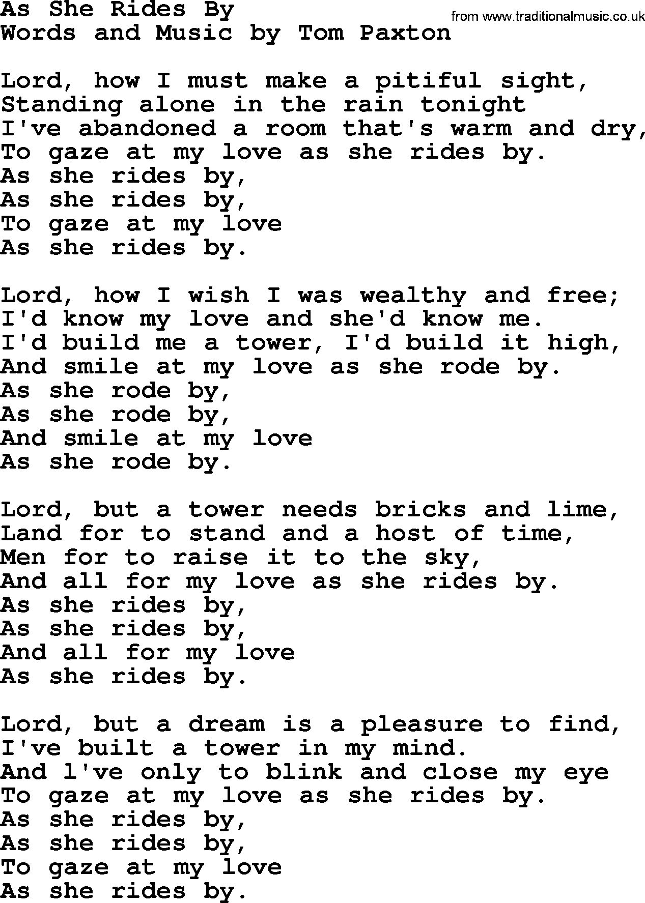 Tom Paxton song: As She Rides By, lyrics