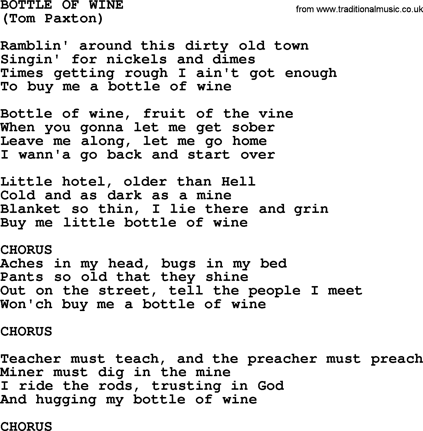 Tom Paxton song: Bottle Of Wine, lyrics