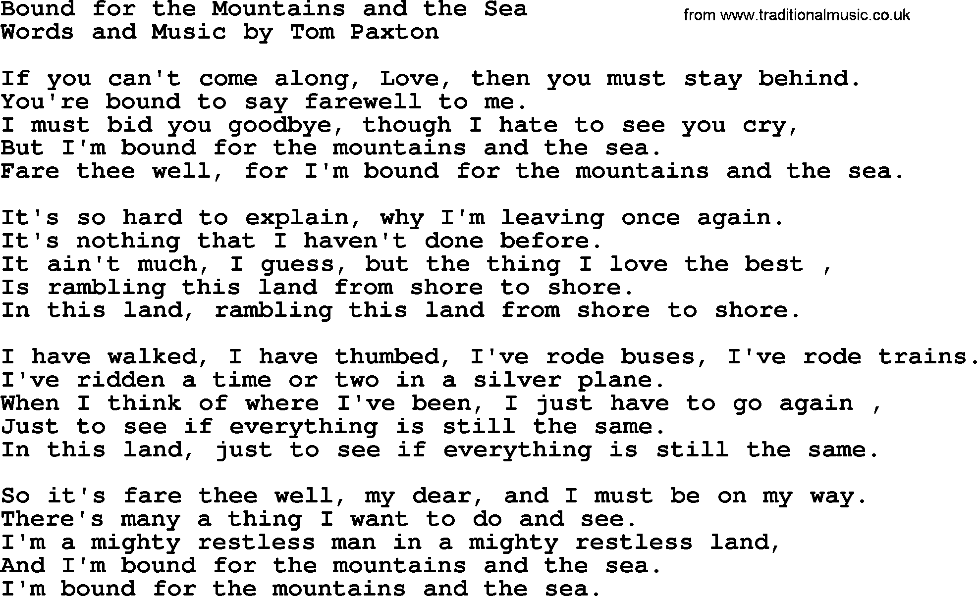 Tom Paxton song: Bound For The Mountains And The Sea, lyrics