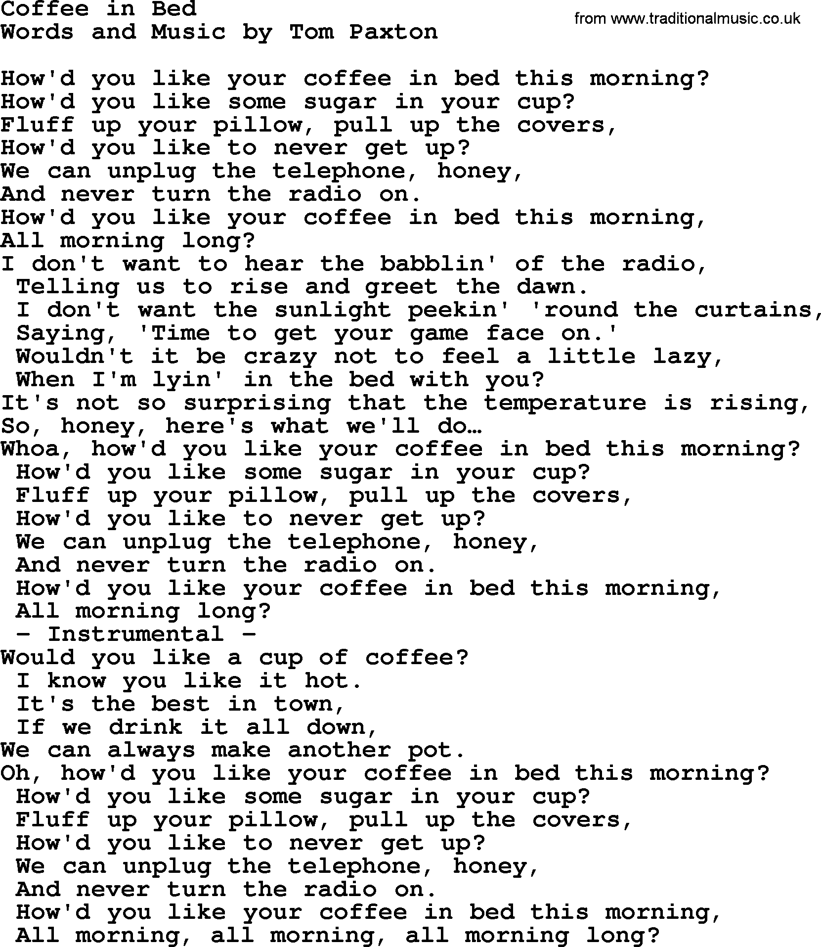 Tom Paxton song: Coffee In Bed, lyrics