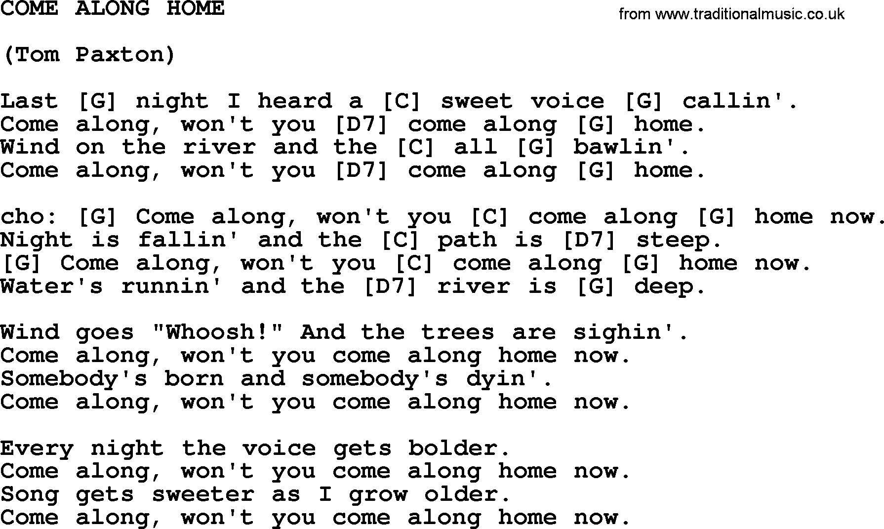 Tom Paxton song: Come Along Home, lyrics
