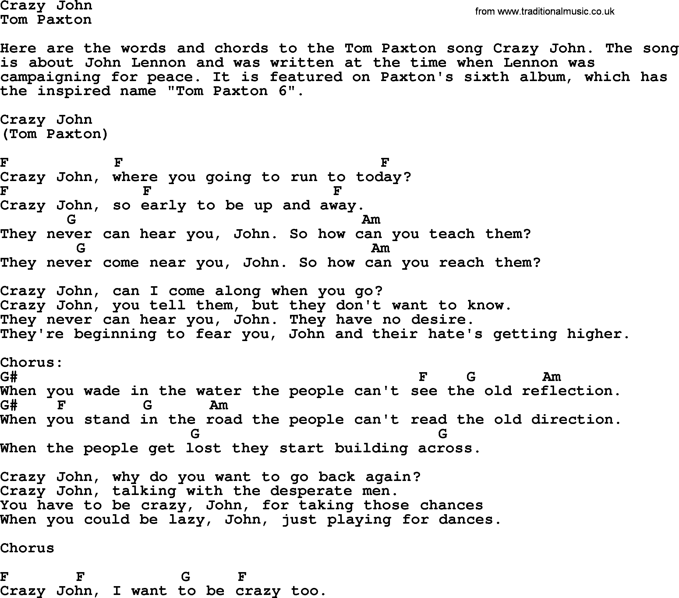 Tom Paxton song: Crazy John, lyrics and chords