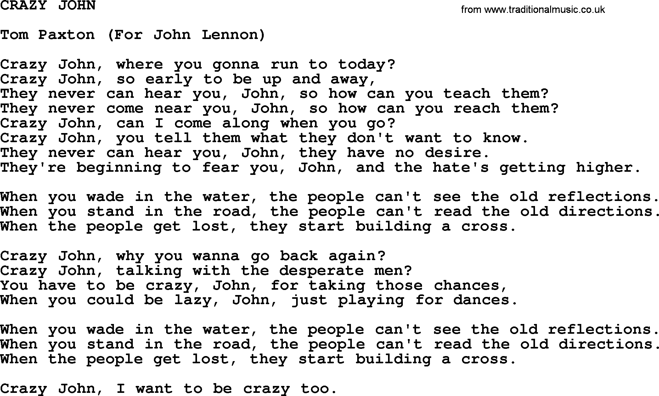 Tom Paxton song: Crazy John, lyrics