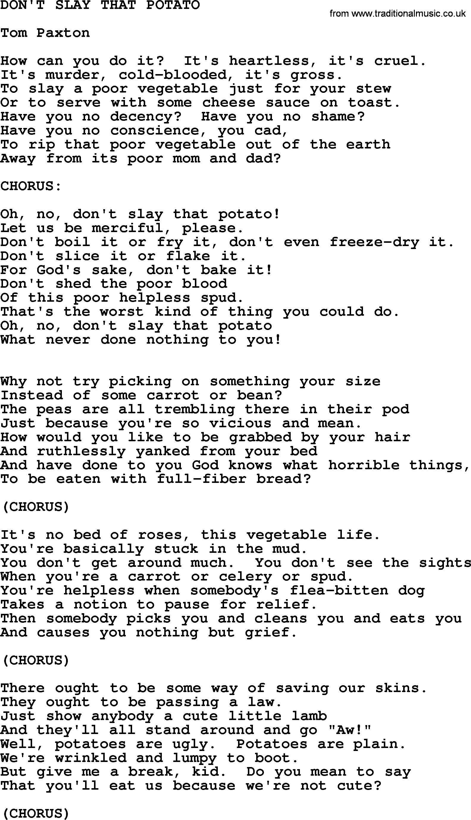 Tom Paxton song: Don't Slay That Potato, lyrics