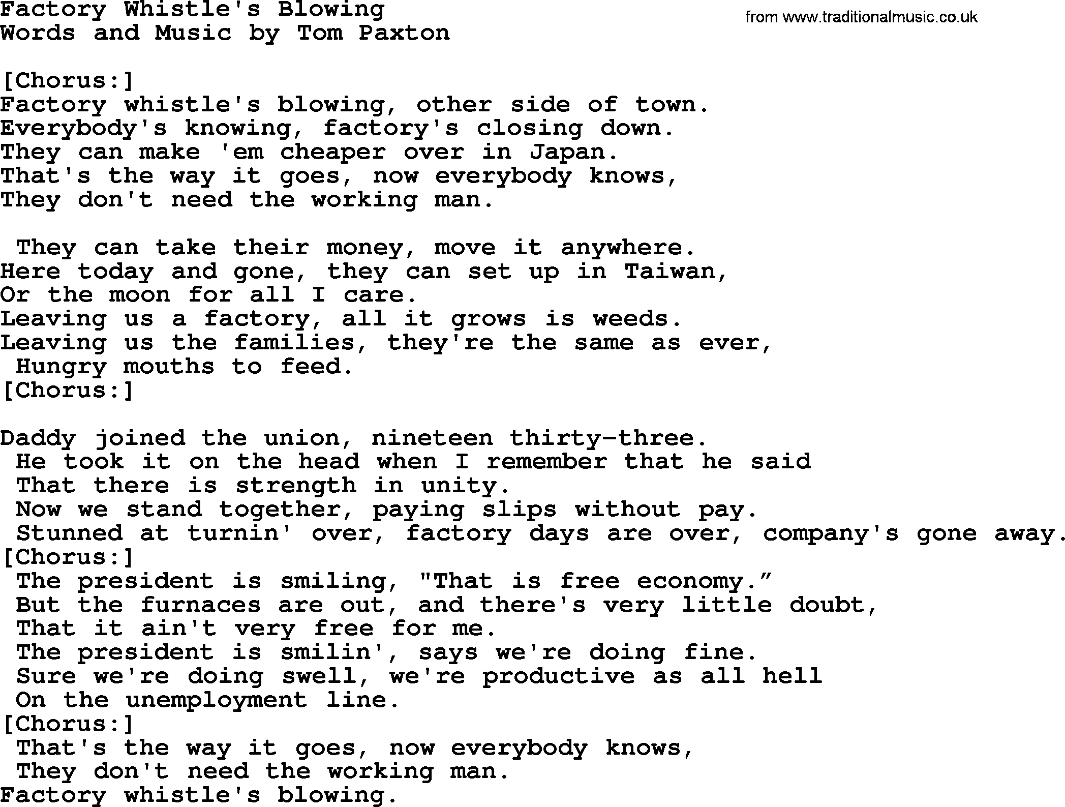 Tom Paxton song: Factory Whistle's Blowing, lyrics