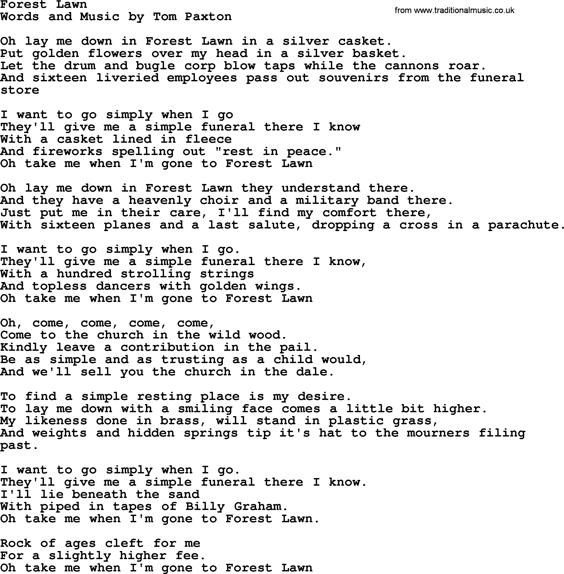 Tom Paxton song: Forest Lawn, lyrics