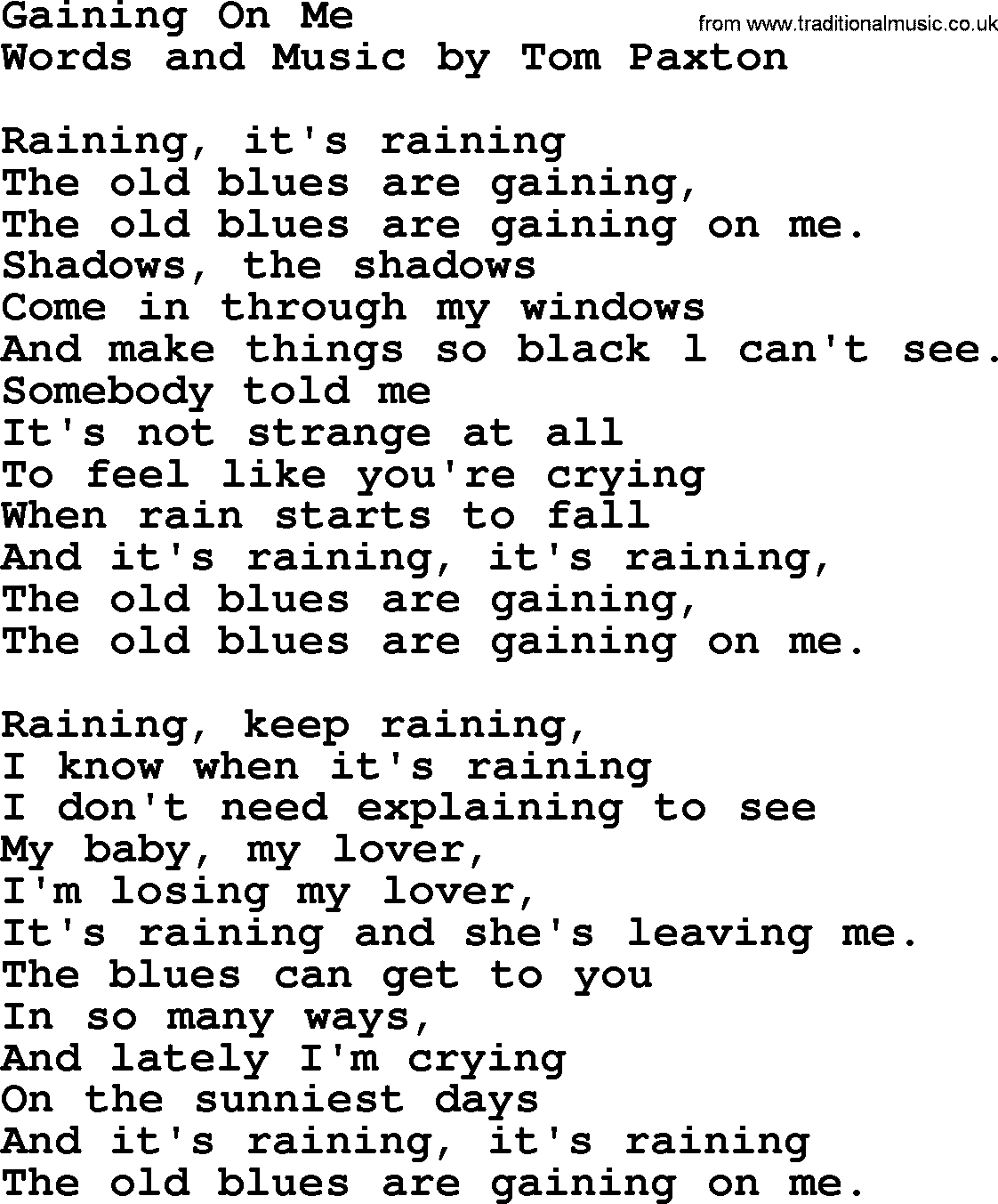 Tom Paxton song: Gaining On Me, lyrics