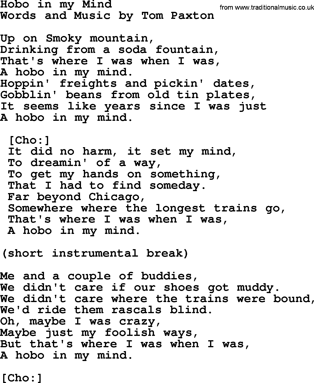 Tom Paxton song: Hobo In My Mind, lyrics