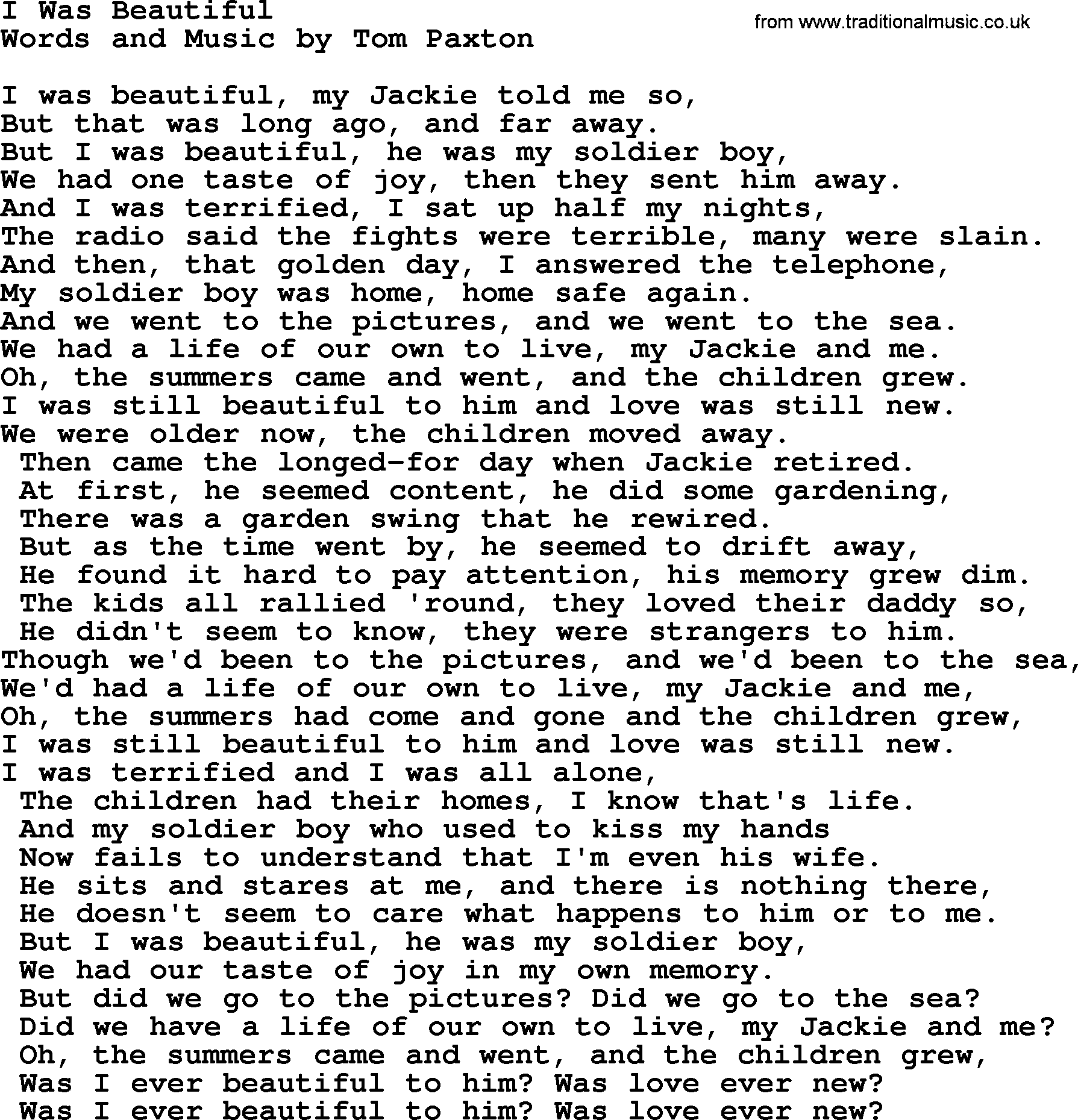Tom Paxton song: I Was Beautiful, lyrics