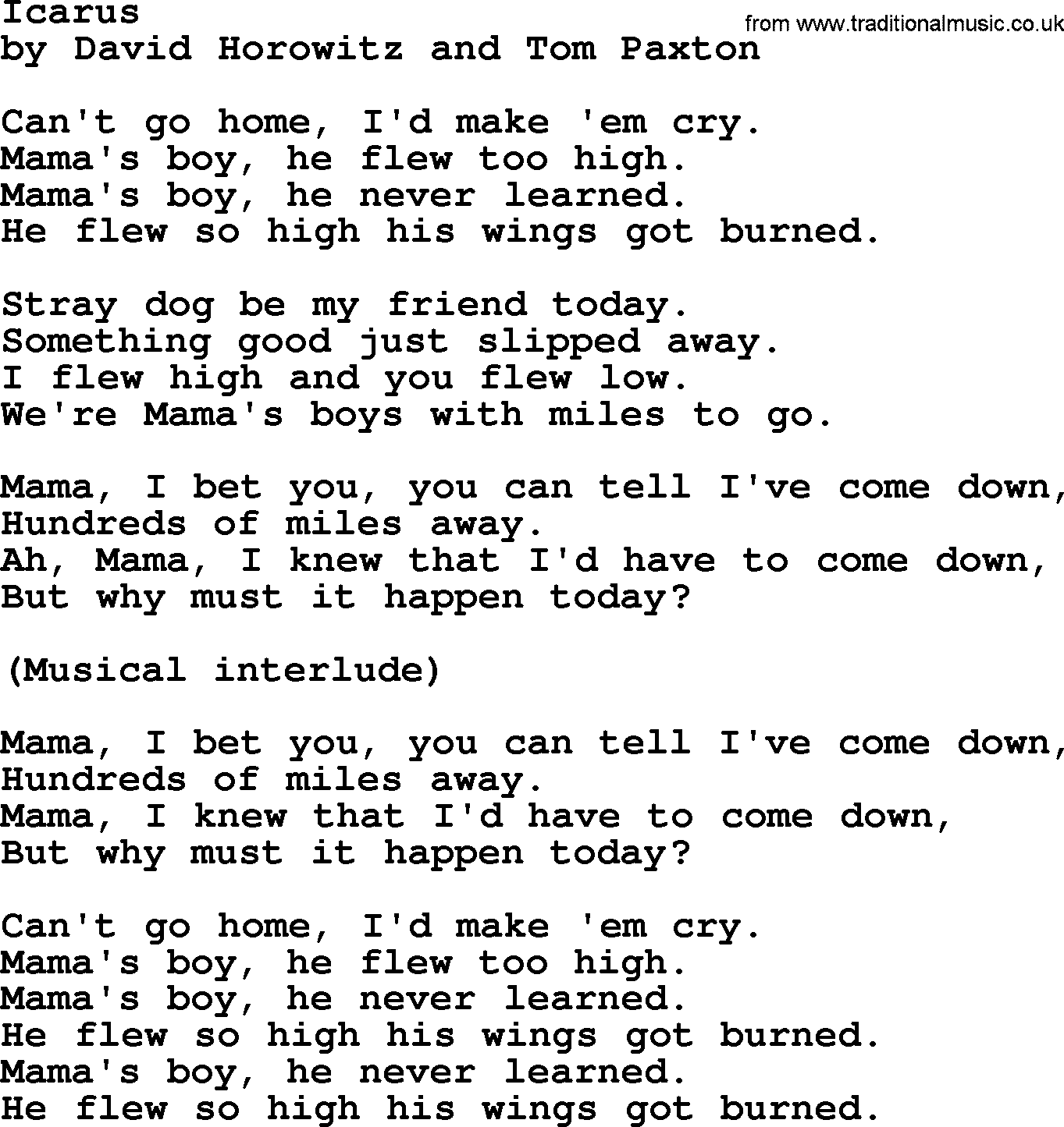 Tom Paxton song: Icarus, lyrics