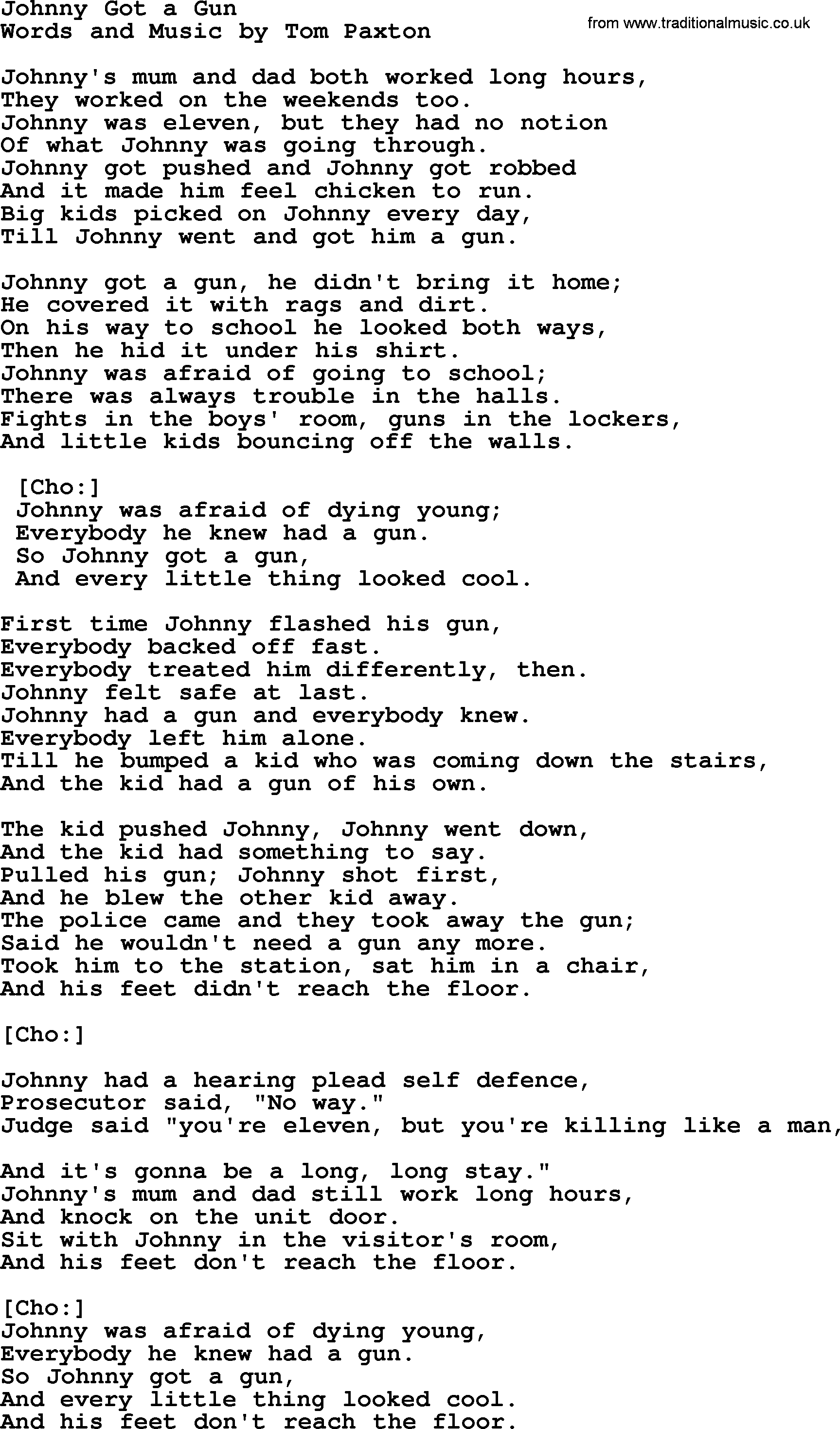 Tom Paxton song: Johnny Got A Gun, lyrics