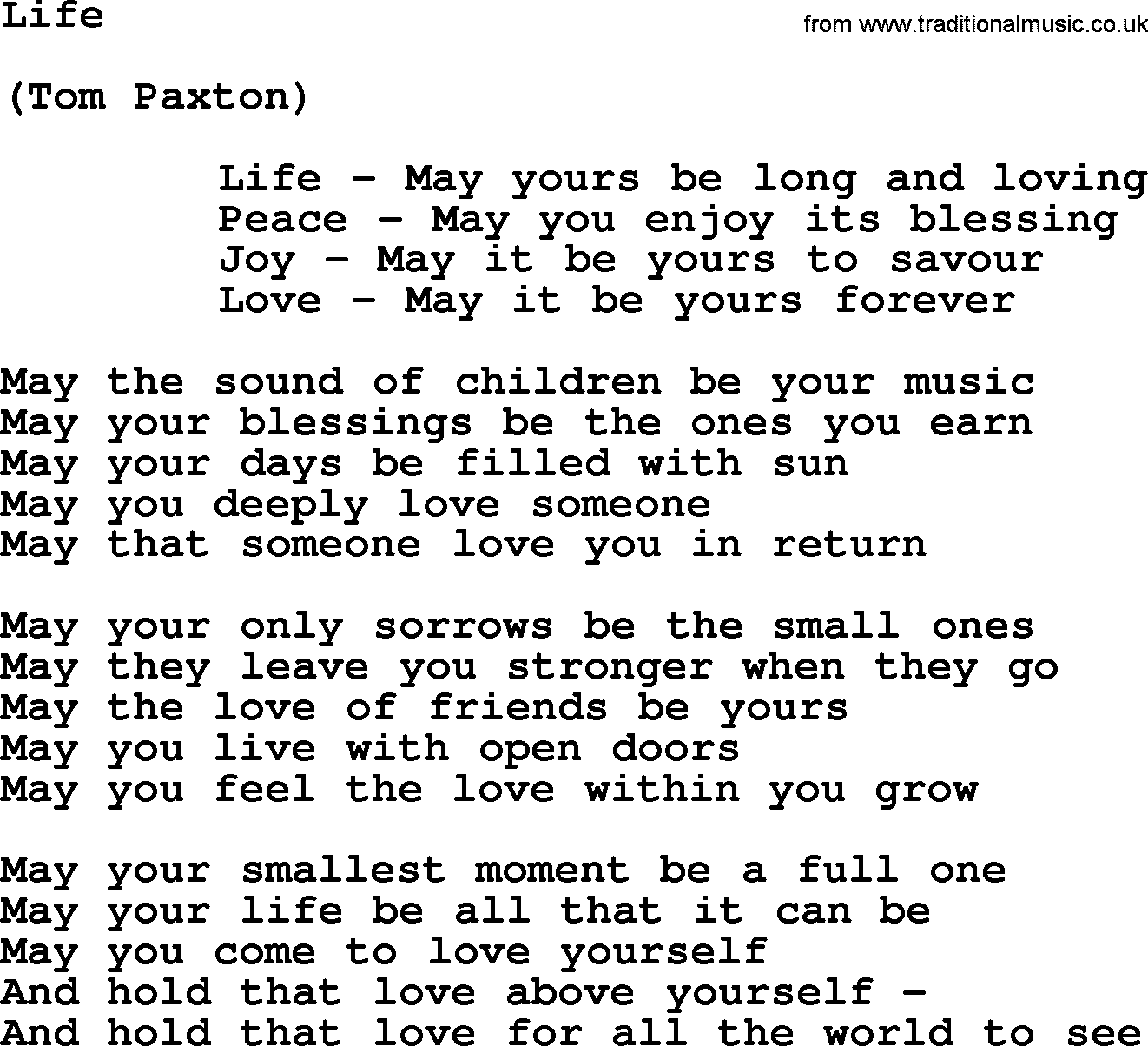 Tom Paxton song: Life, lyrics
