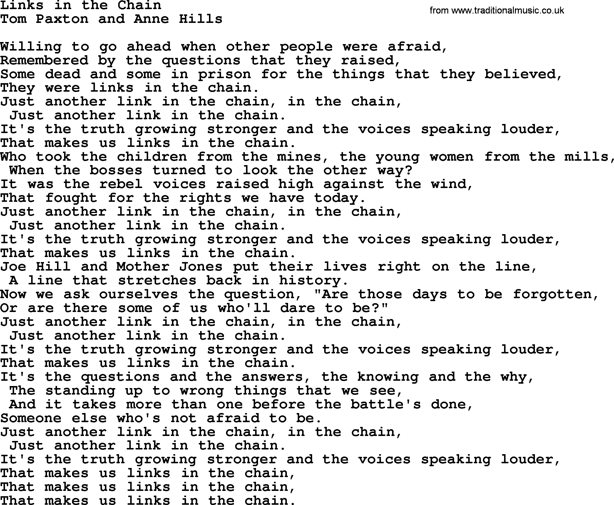 Tom Paxton song: Links In The Chain, lyrics