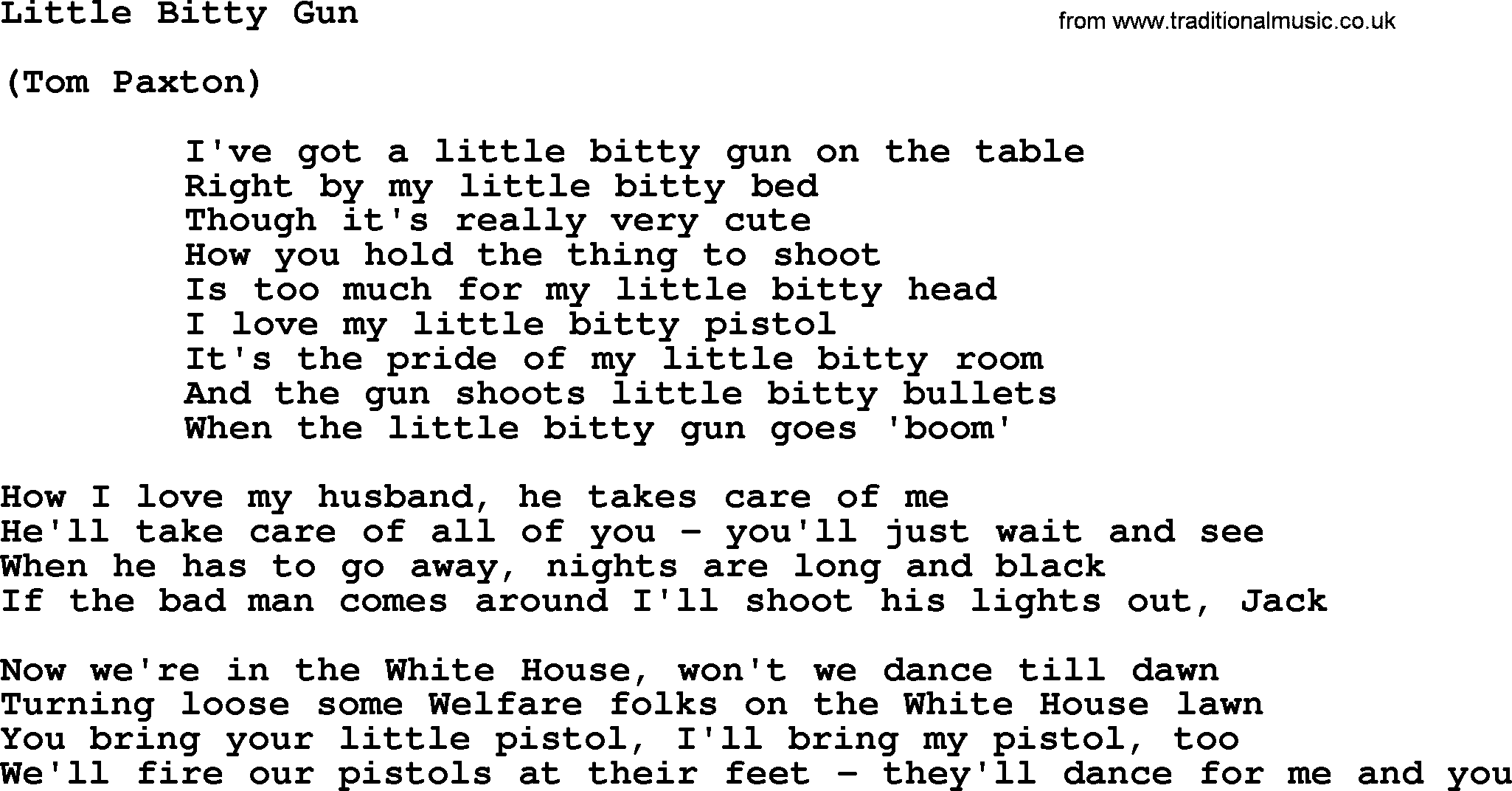 Tom Paxton song: Little Bitty Gun, lyrics
