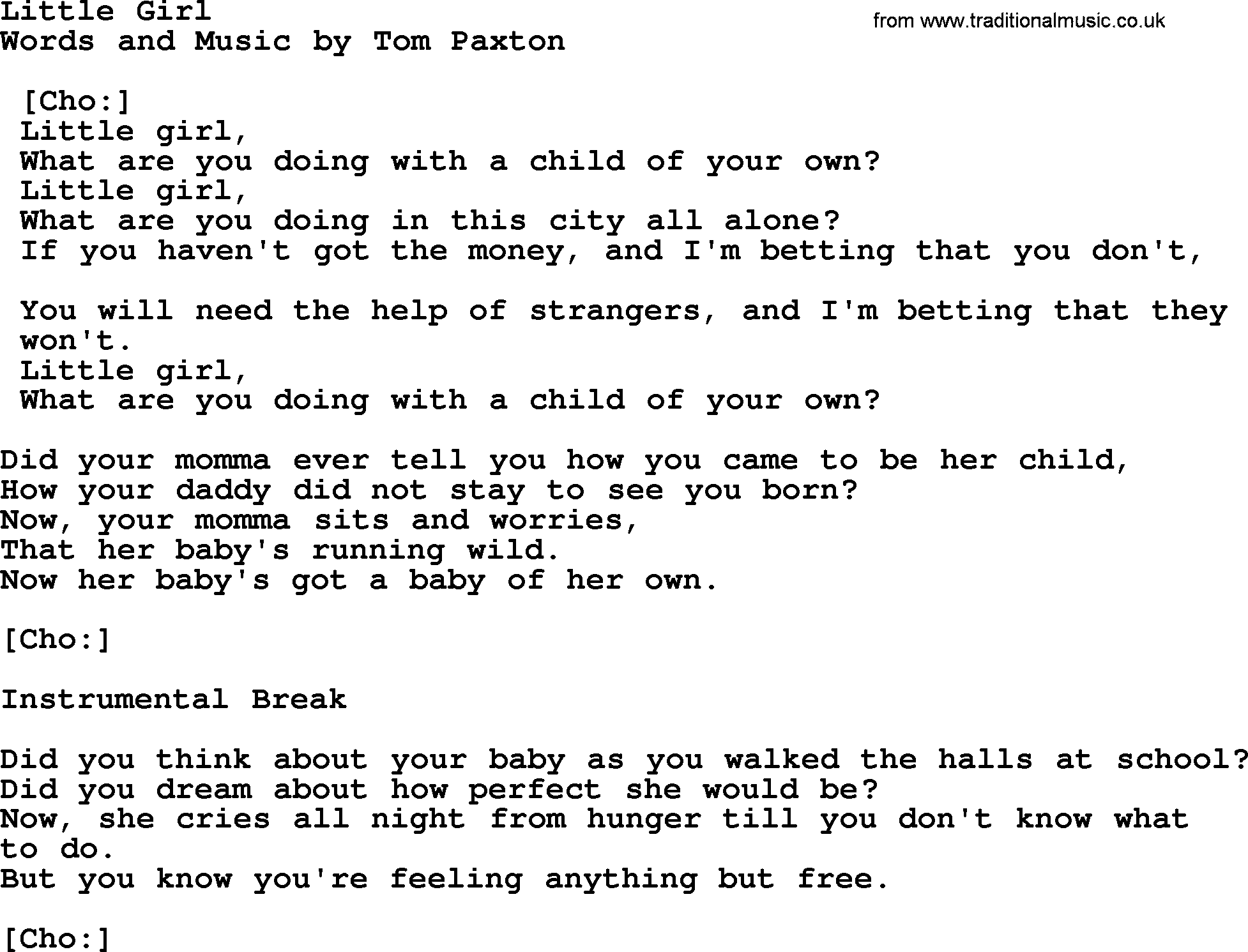 Tom Paxton song: Little Girl, lyrics