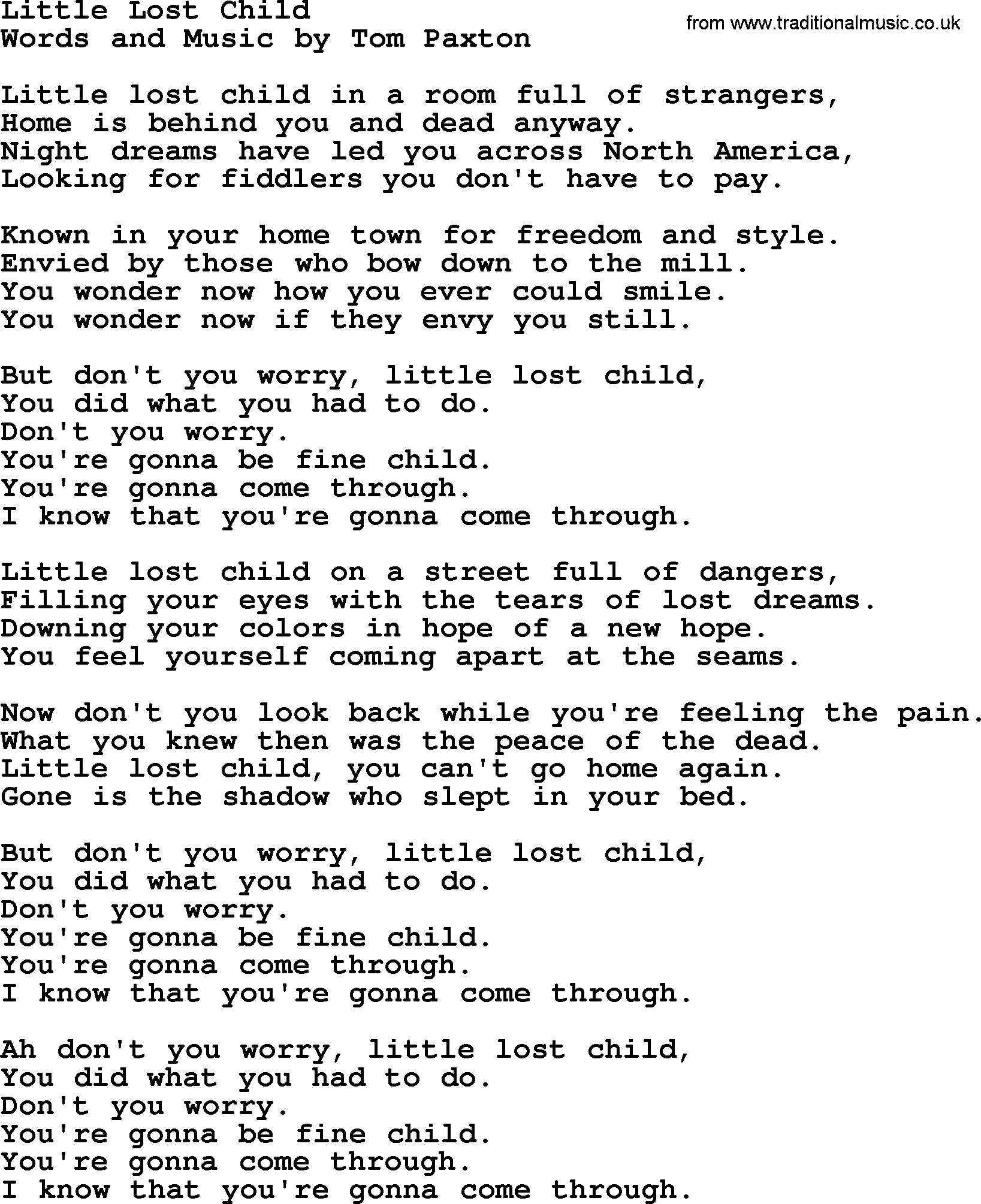 Tom Paxton song: Little Lost Child, lyrics