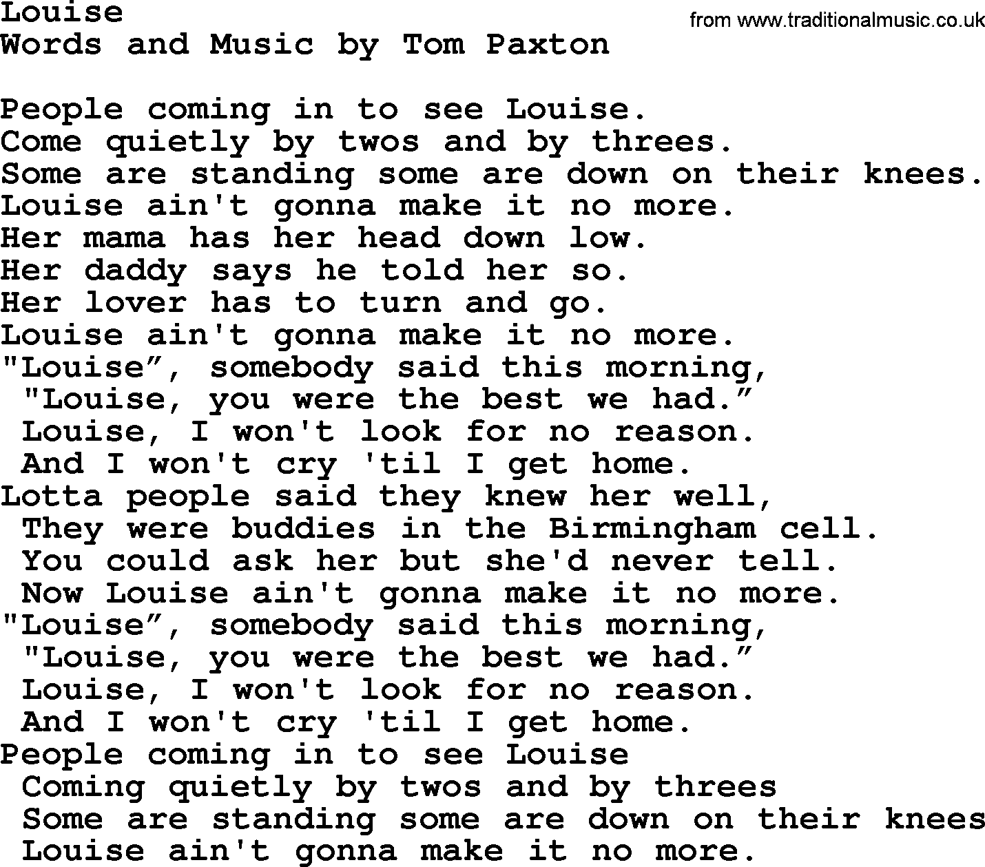 Tom Paxton song: Louise, lyrics