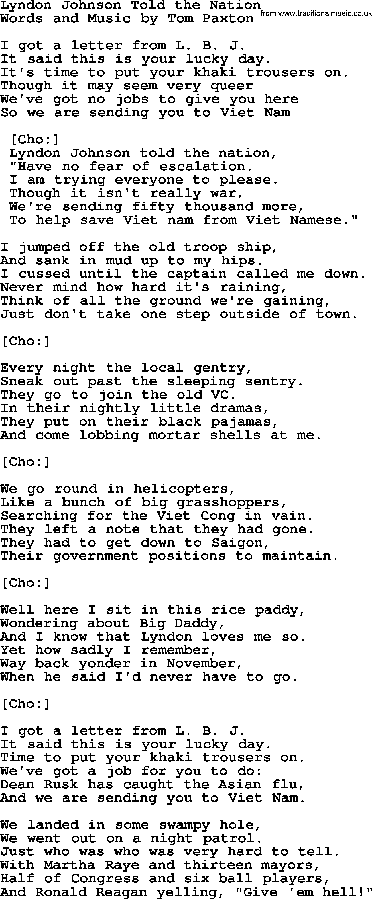 Tom Paxton song: Lyndon Johnson Told The Nation, lyrics