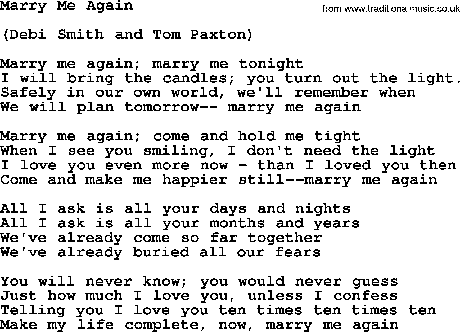 Tom Paxton song: Marry Me Again, lyrics