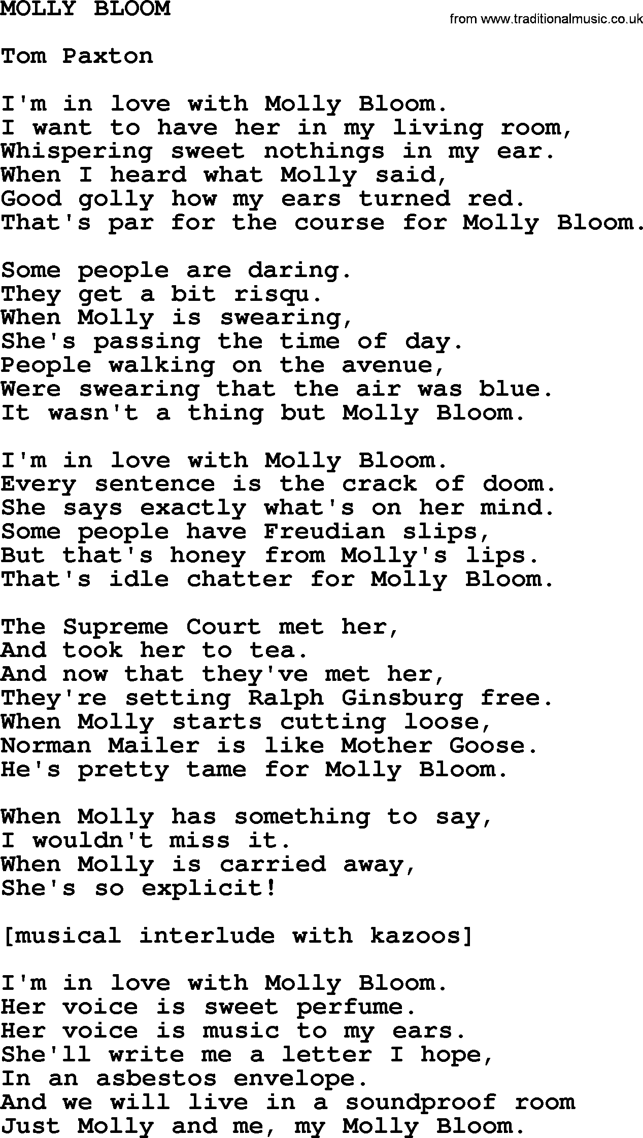 Tom Paxton song: Molly Bloom, lyrics