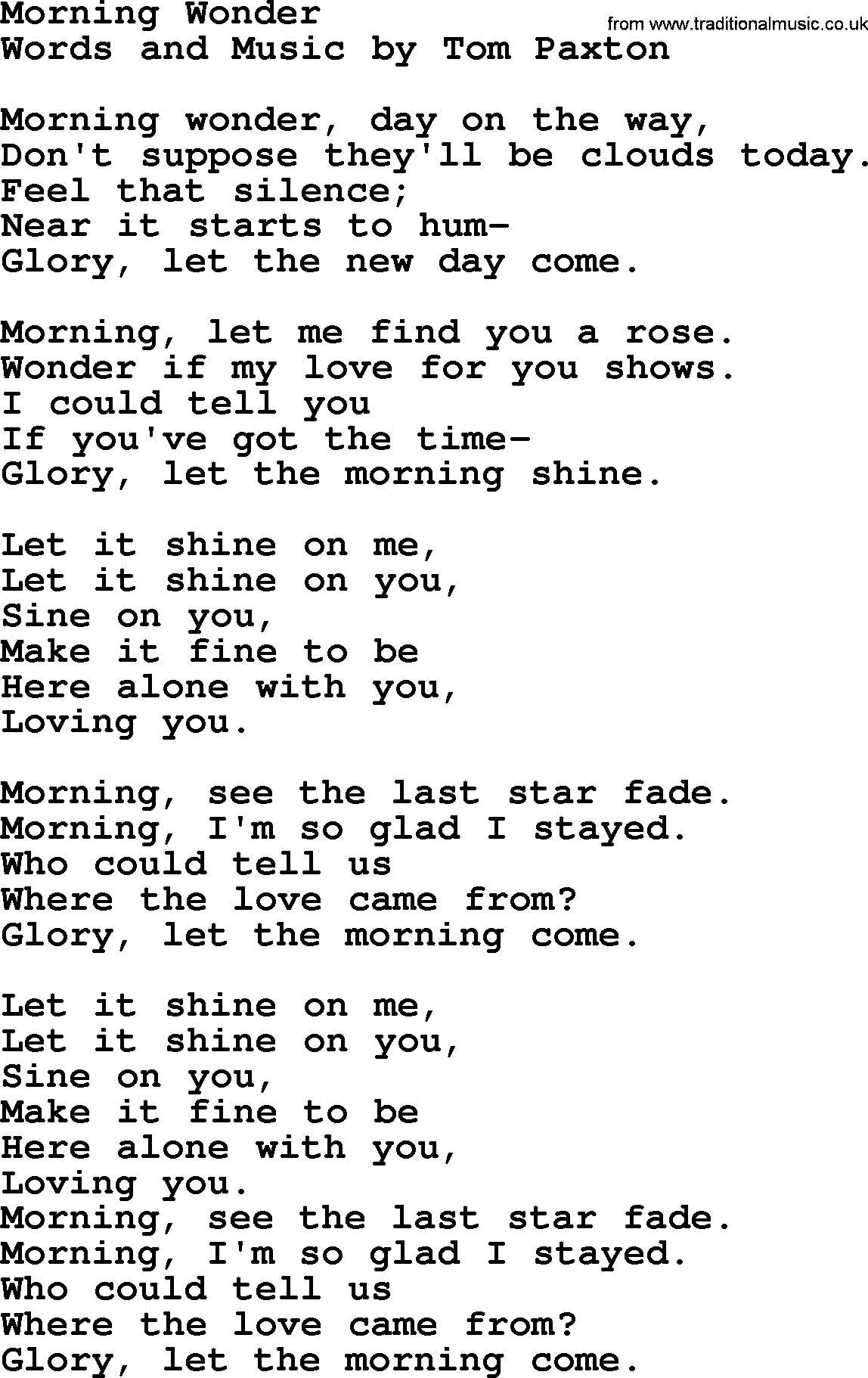 Tom Paxton song: Morning Wonder, lyrics