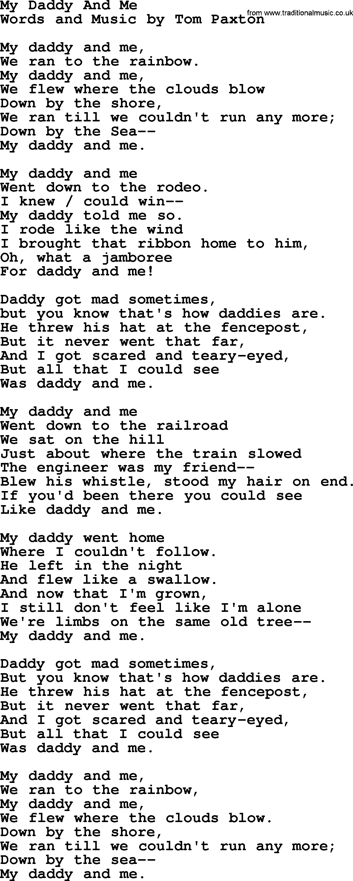 Tom Paxton song: My Daddy And Me, lyrics