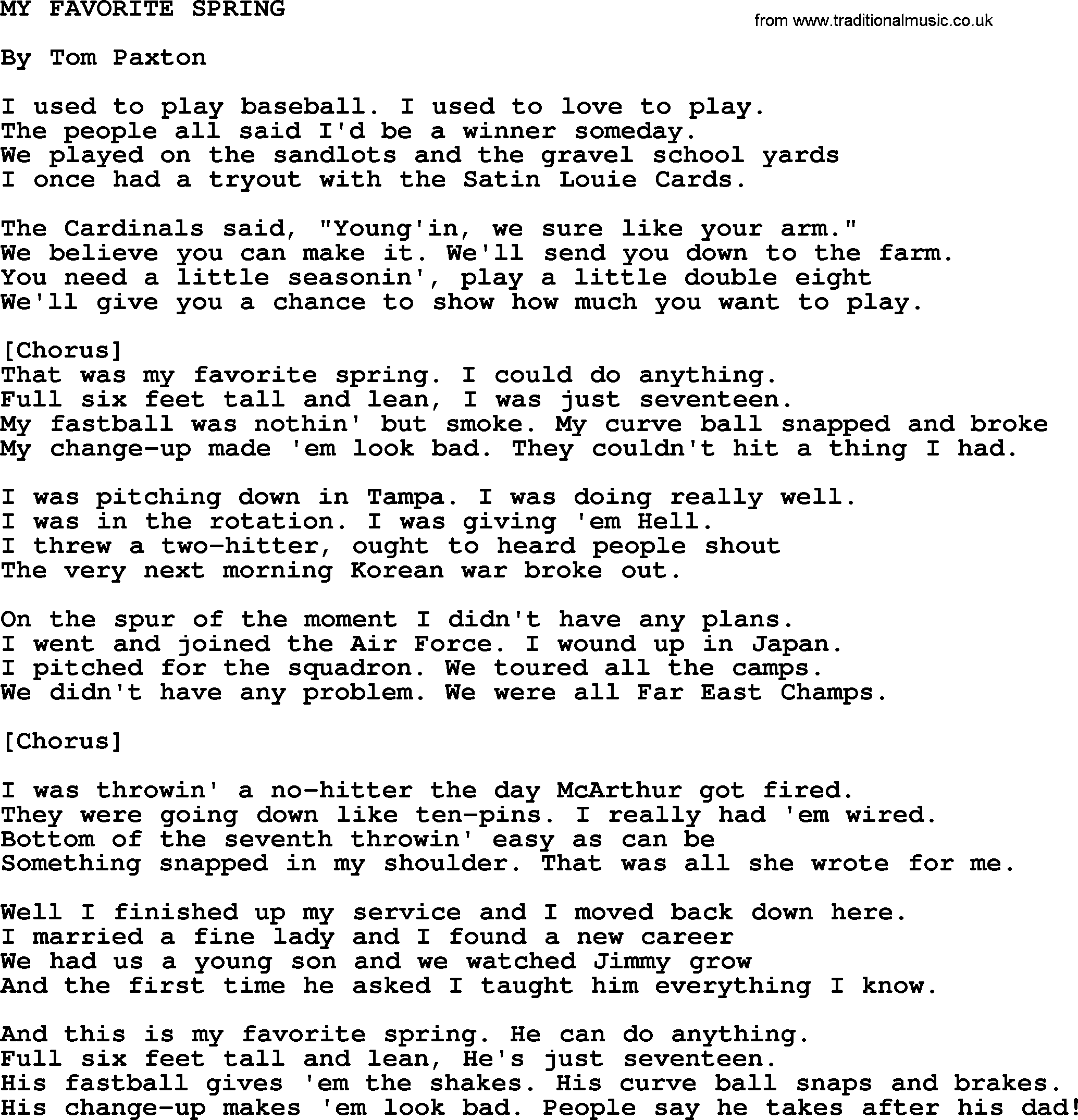 Tom Paxton song: My Favorite Spring, lyrics