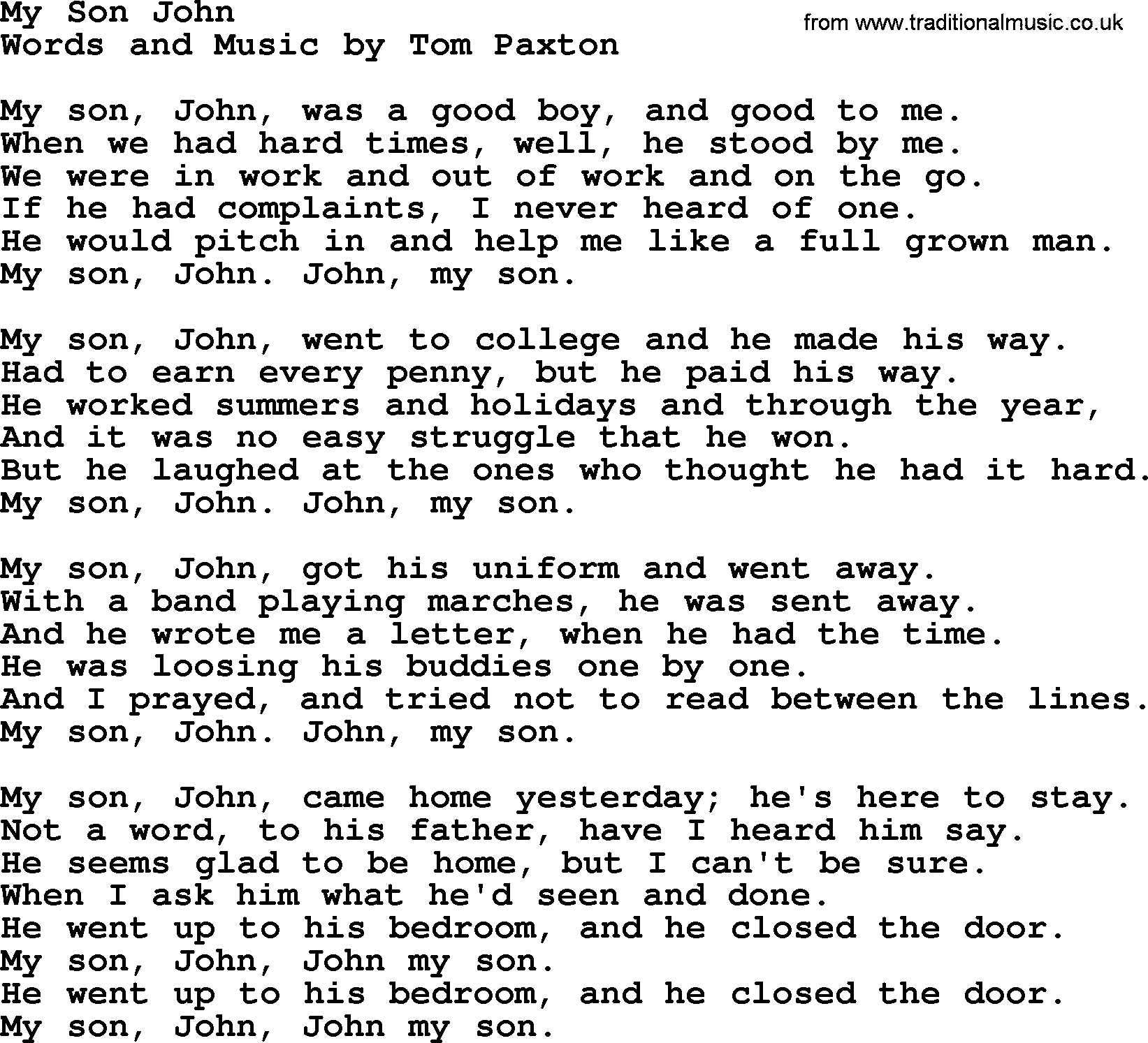 Tom Paxton song: My Son John, lyrics