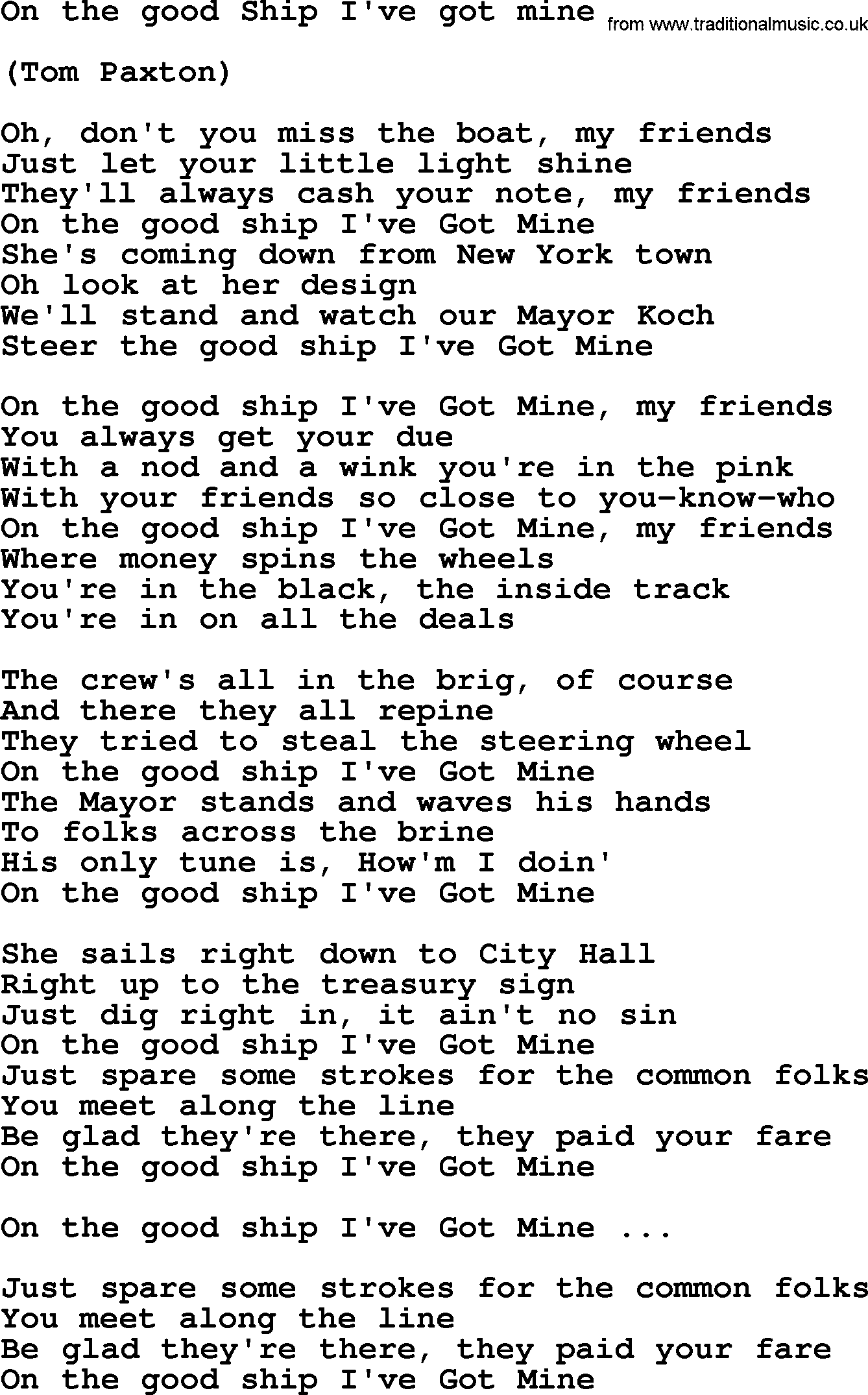 Tom Paxton song: On The Good Ship I've Got Mine, lyrics