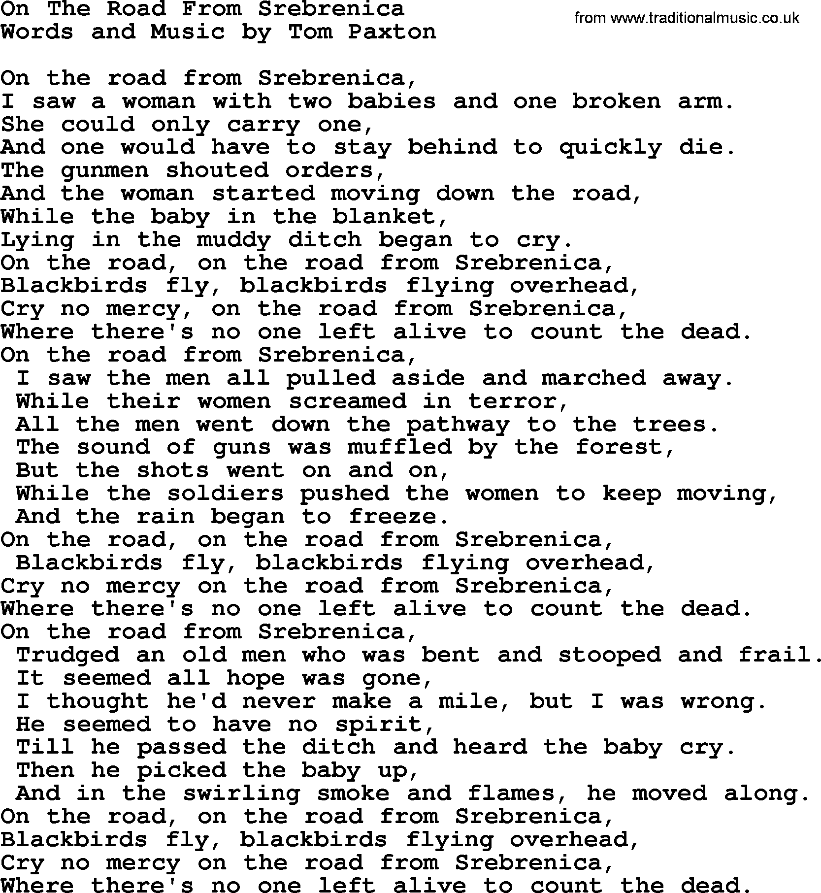 Tom Paxton song: On The Road From Srebrenica, lyrics