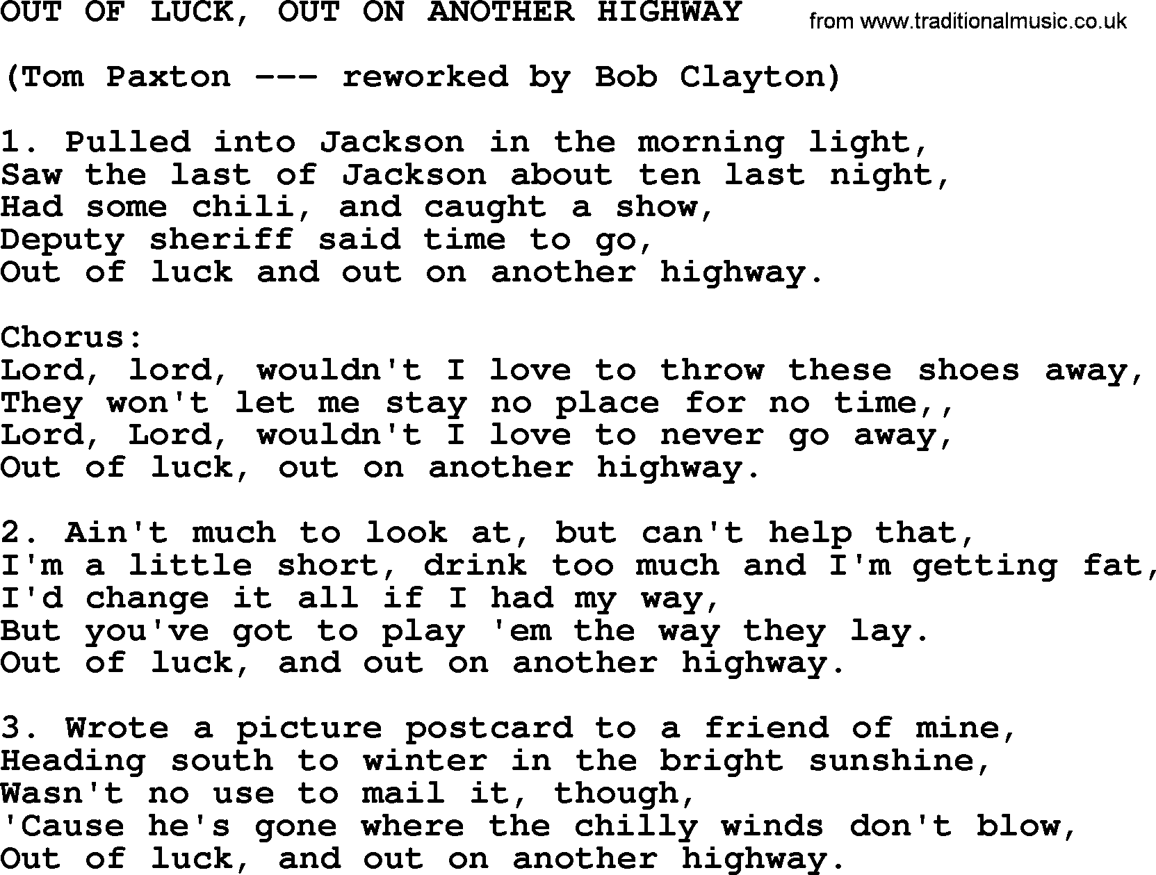 Tom Paxton song: Out Of Luck, Out On Another Highway, lyrics
