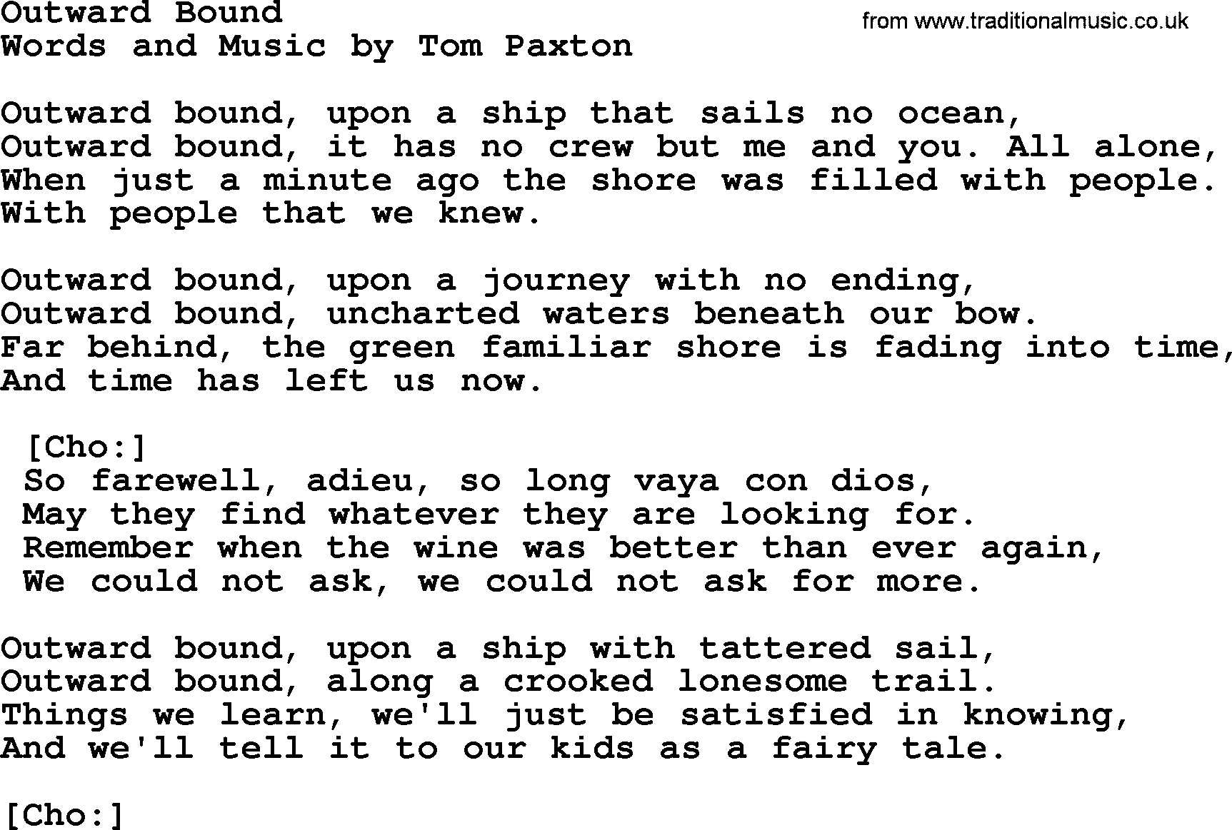 Tom Paxton song: Outward Bound, lyrics