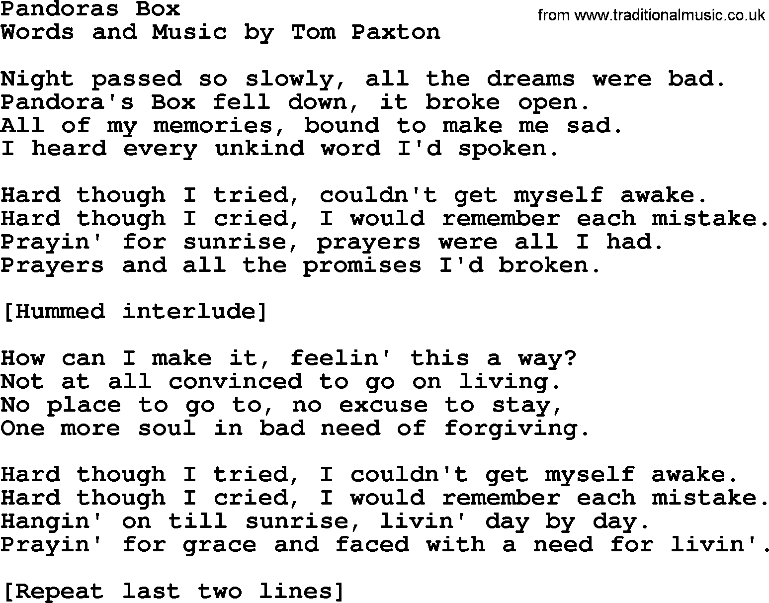 Tom Paxton song: Pandoras Box, lyrics