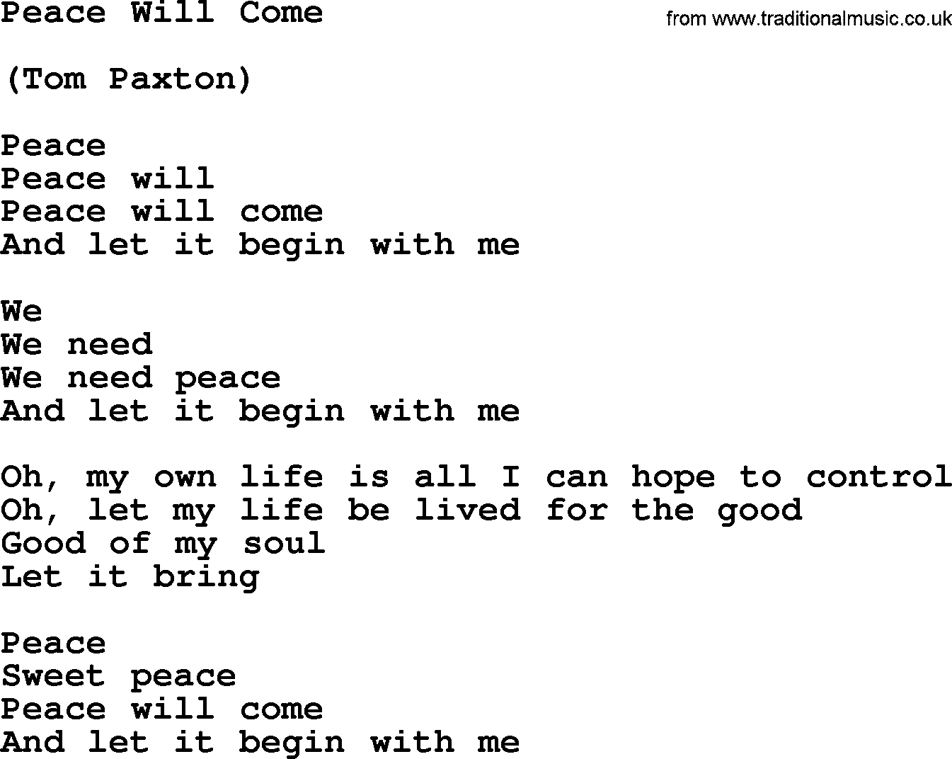 Tom Paxton song: Peace Will Come, lyrics