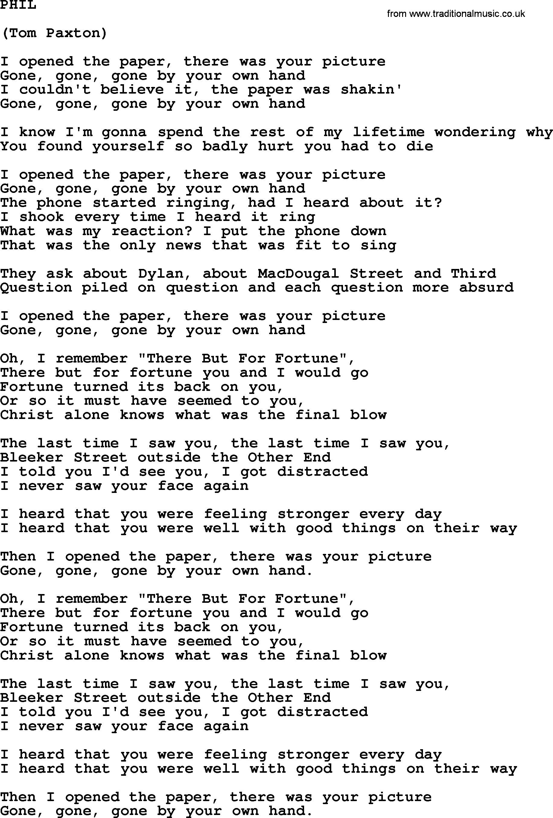 Tom Paxton song: Phil, lyrics
