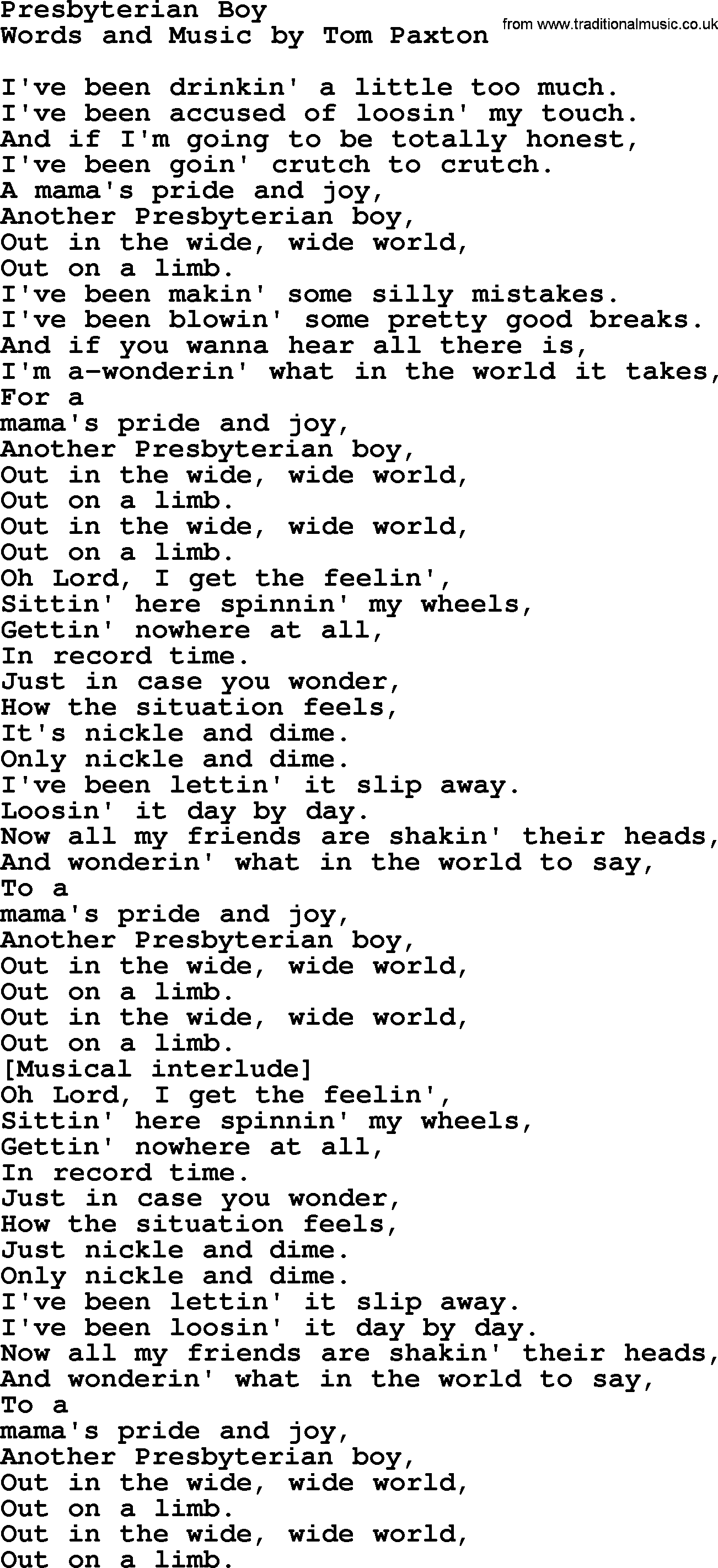 Tom Paxton song: Presbyterian Boy, lyrics
