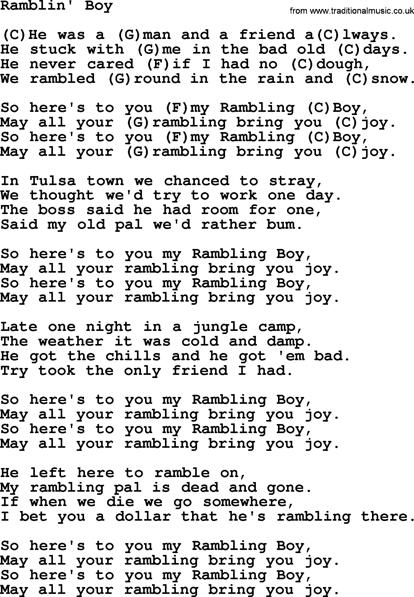 Tom Paxton song: Ramblin' Boy, lyrics and chords