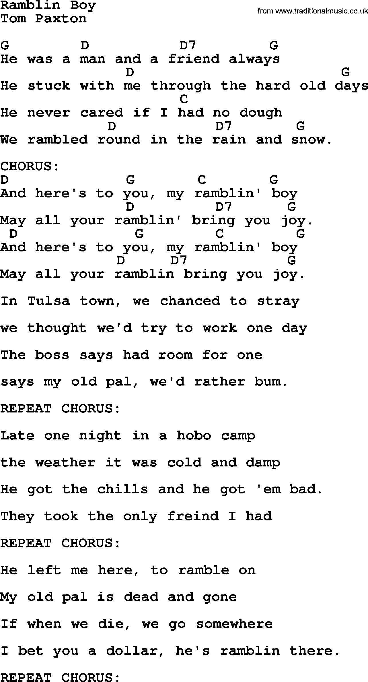 Tom Paxton song: Ramblin Boy, lyrics and chords