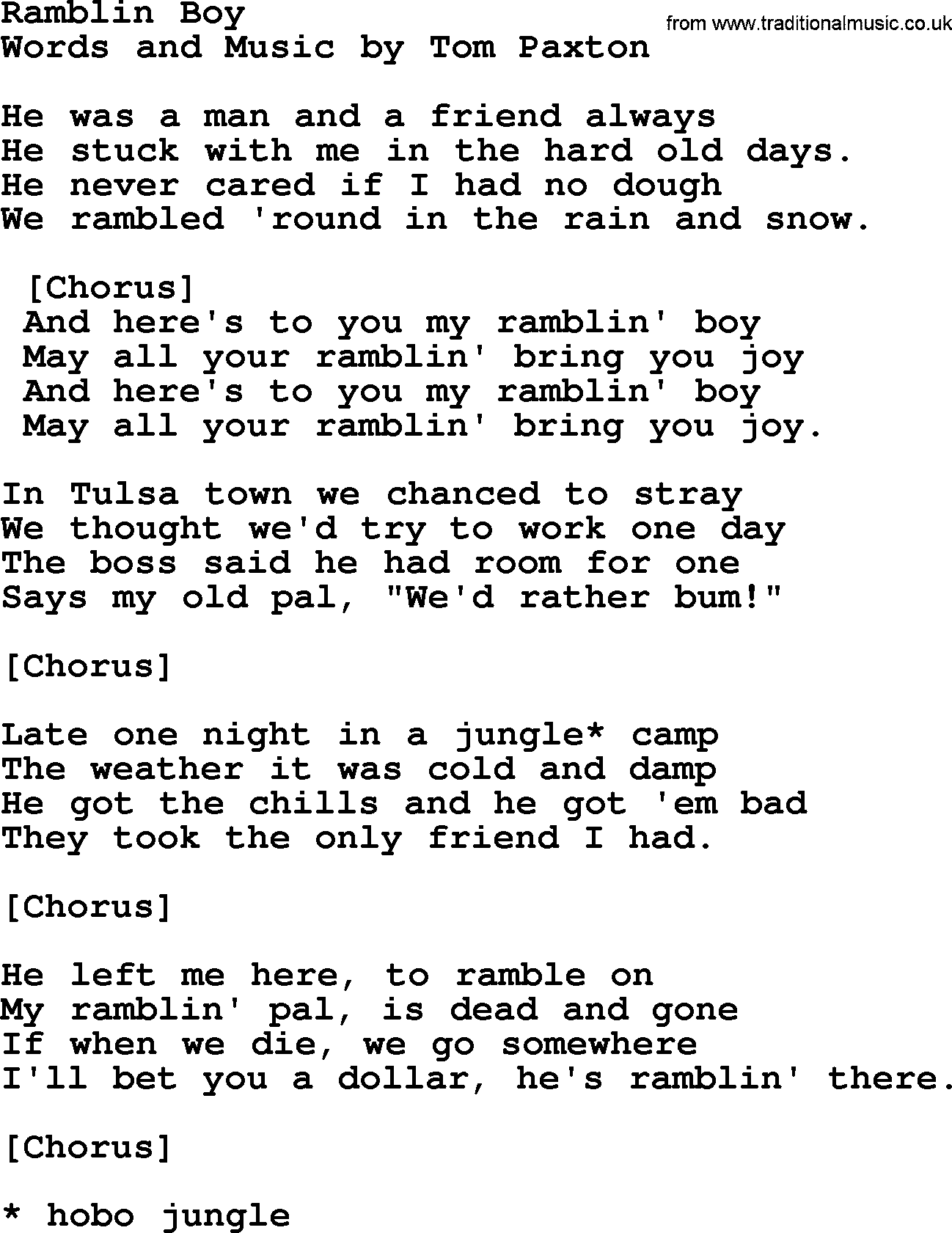 Tom Paxton song: Ramblin Boy, lyrics