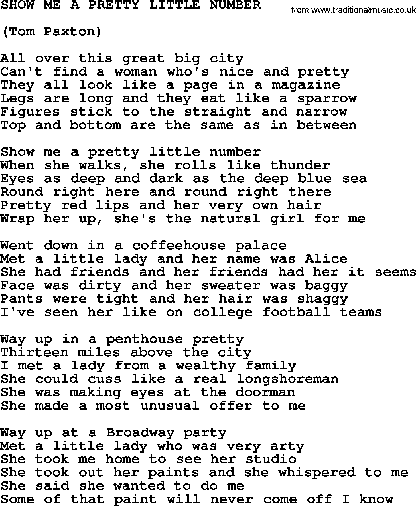 Tom Paxton song: Show Me A Pretty Little Number, lyrics